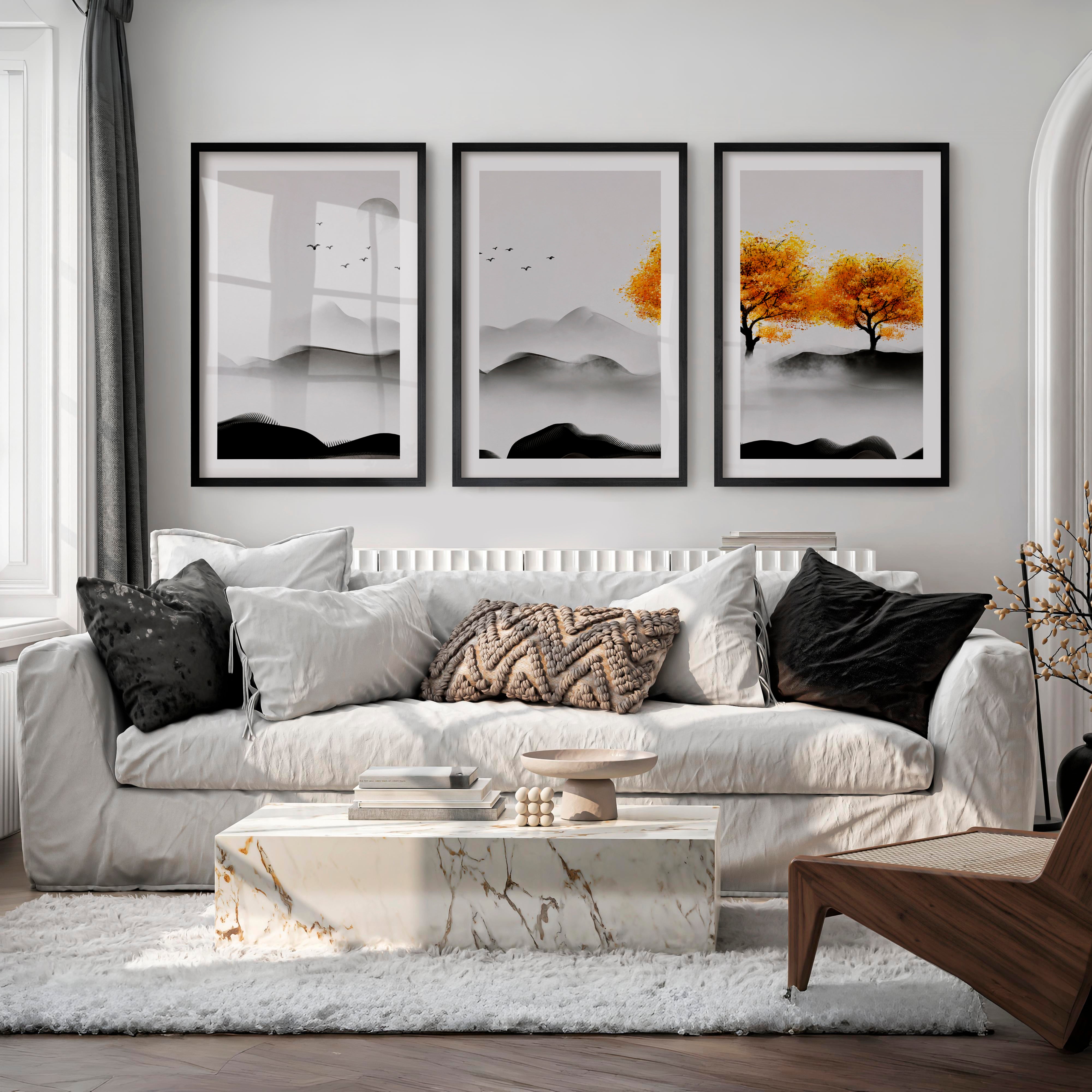 Japanese Abstract Art Featuring Layered Wave Forms Triptych - Black Framed Poster with White Border - Artworksets