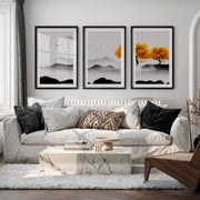 Japanese Abstract Art Featuring Layered Wave Forms Triptych - Black Framed Poster with White Border - Artworksets