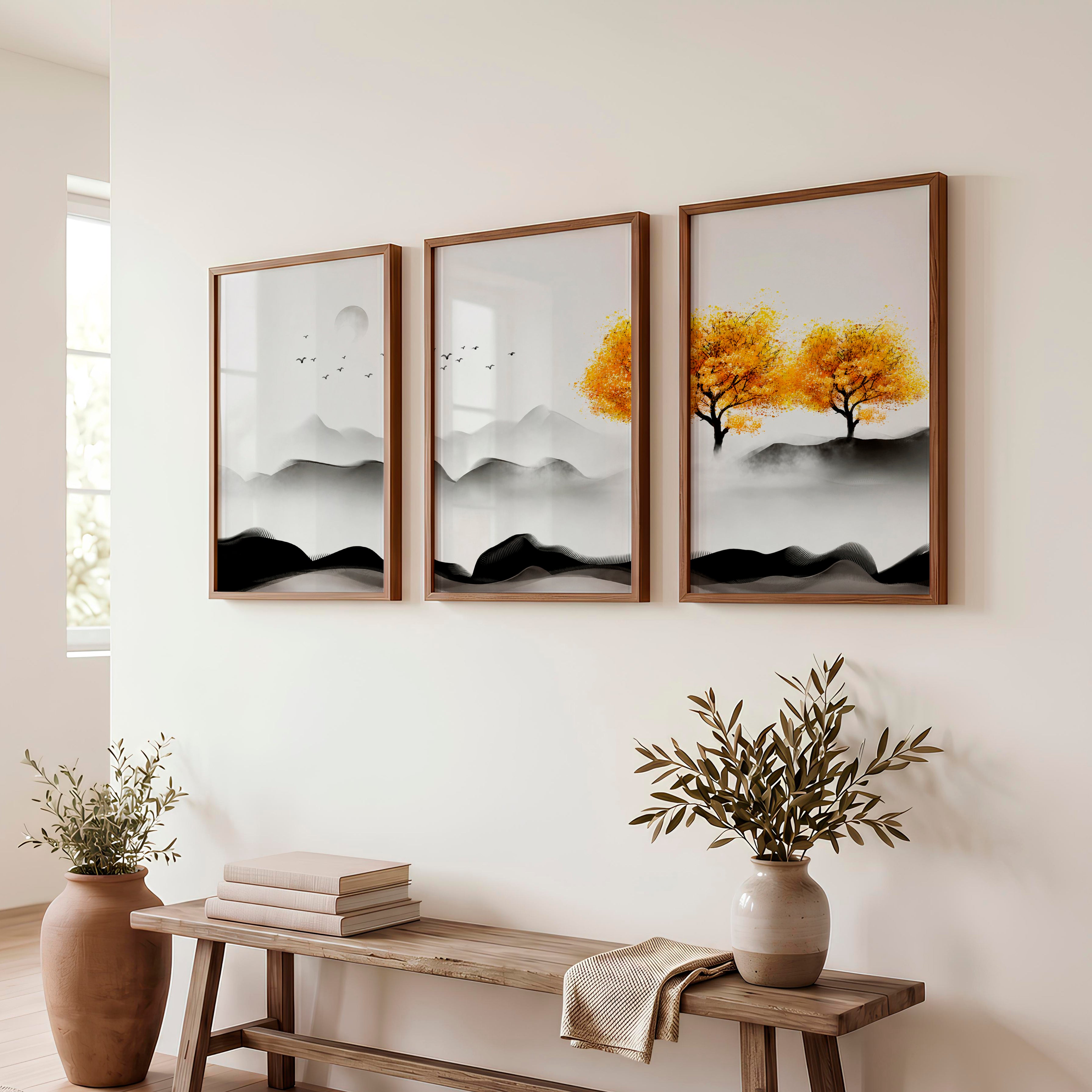 Japanese Abstract Art Featuring Layered Wave Forms Triptych - Dark Brown Framed Poster No Border - Artworksets