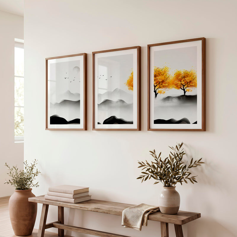 Japanese Abstract Art Featuring Layered Wave Forms Triptych - Dark Brown Framed Poster with White Border - Artworksets