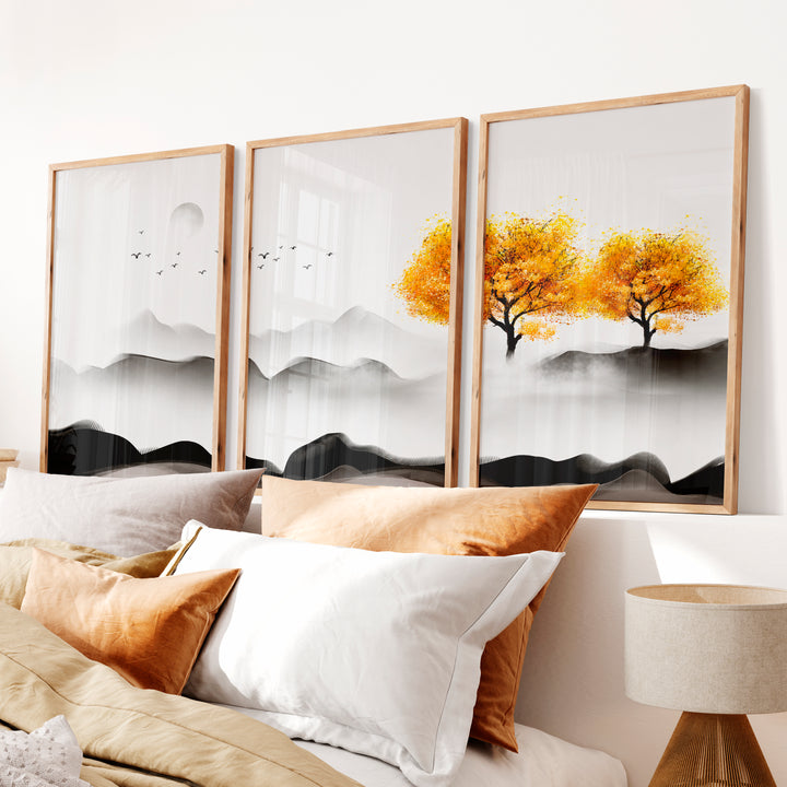 Japanese Abstract Art Featuring Layered Wave Forms Triptych - Natural Wood Framed Poster No Border - Artworksets
