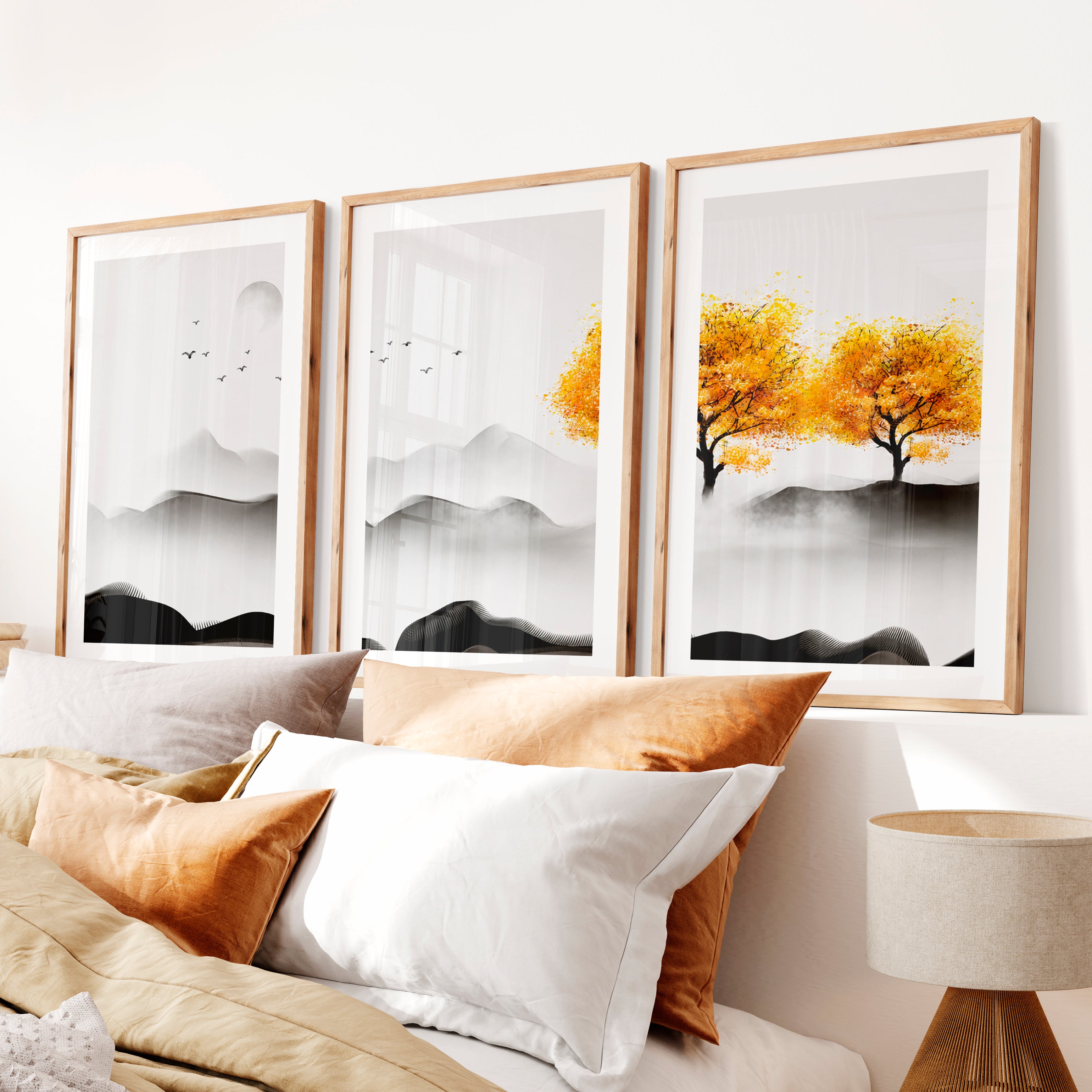 Japanese Abstract Art Featuring Layered Wave Forms Triptych- Natural Wood Framed Poster with White Border - Artworksets