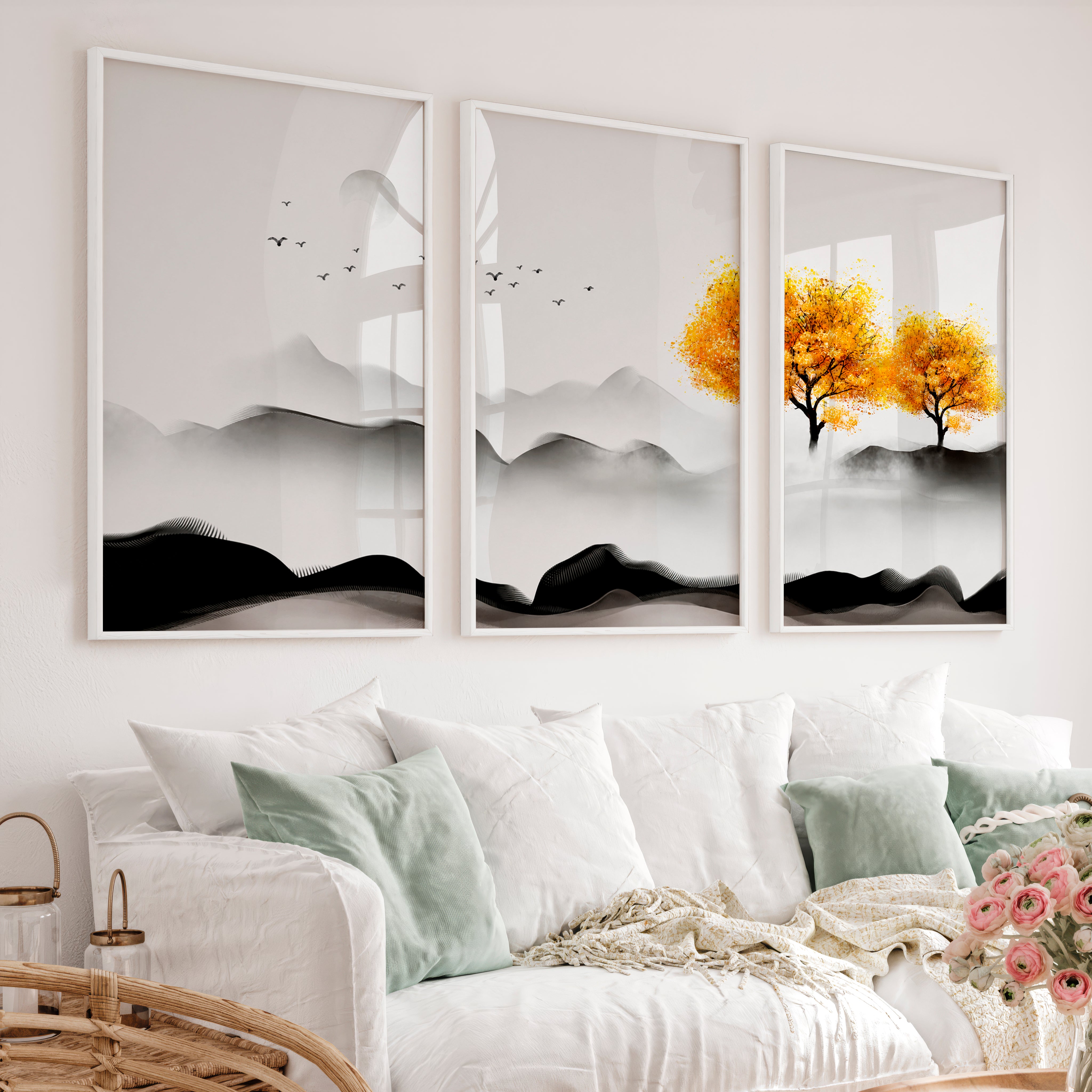Japanese Abstract Art Featuring Layered Wave Forms Triptych - White Framed Poster No Border - Artworksets