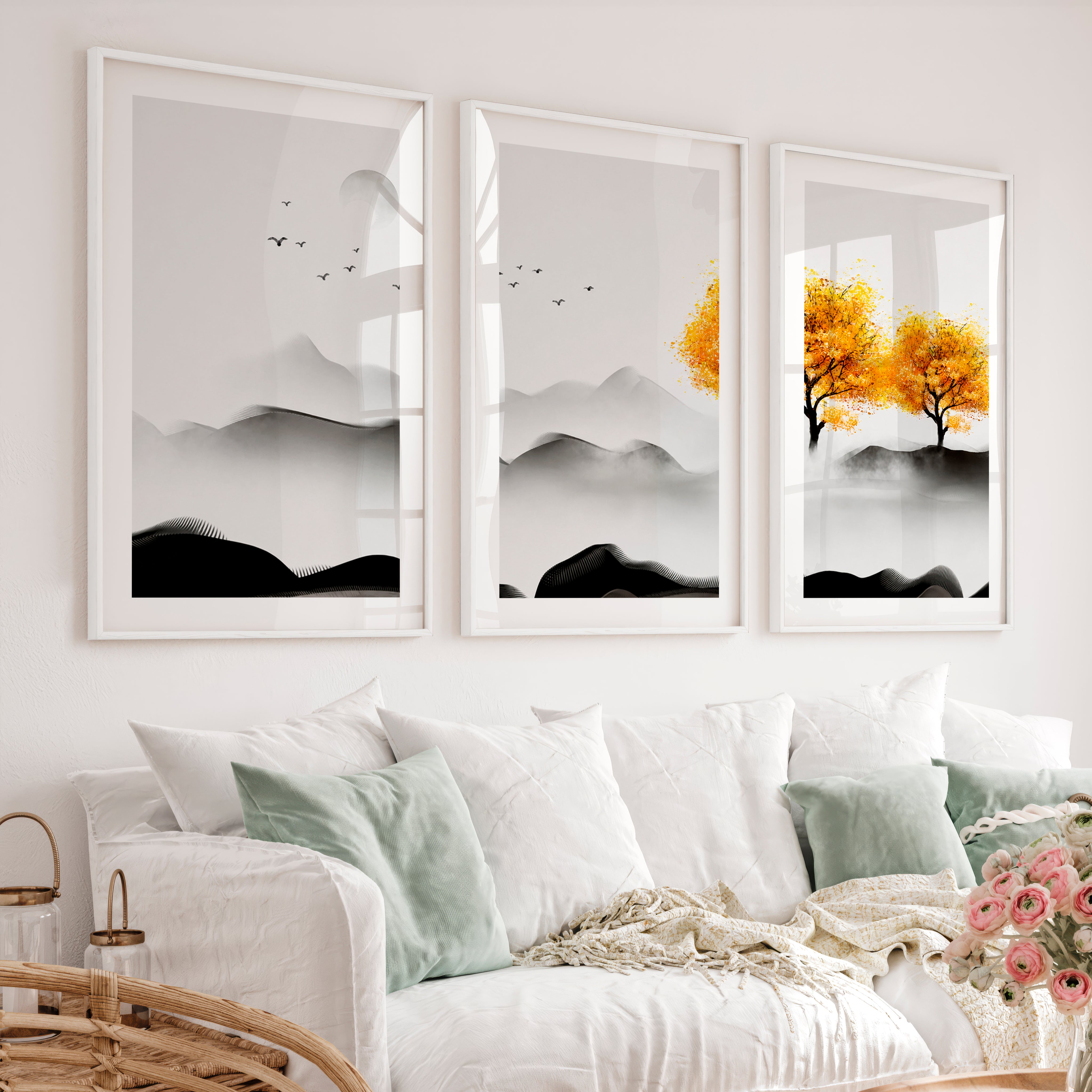 Japanese Abstract Art Featuring Layered Wave Forms Triptych - White Framed Poster with White Border - Artworksets