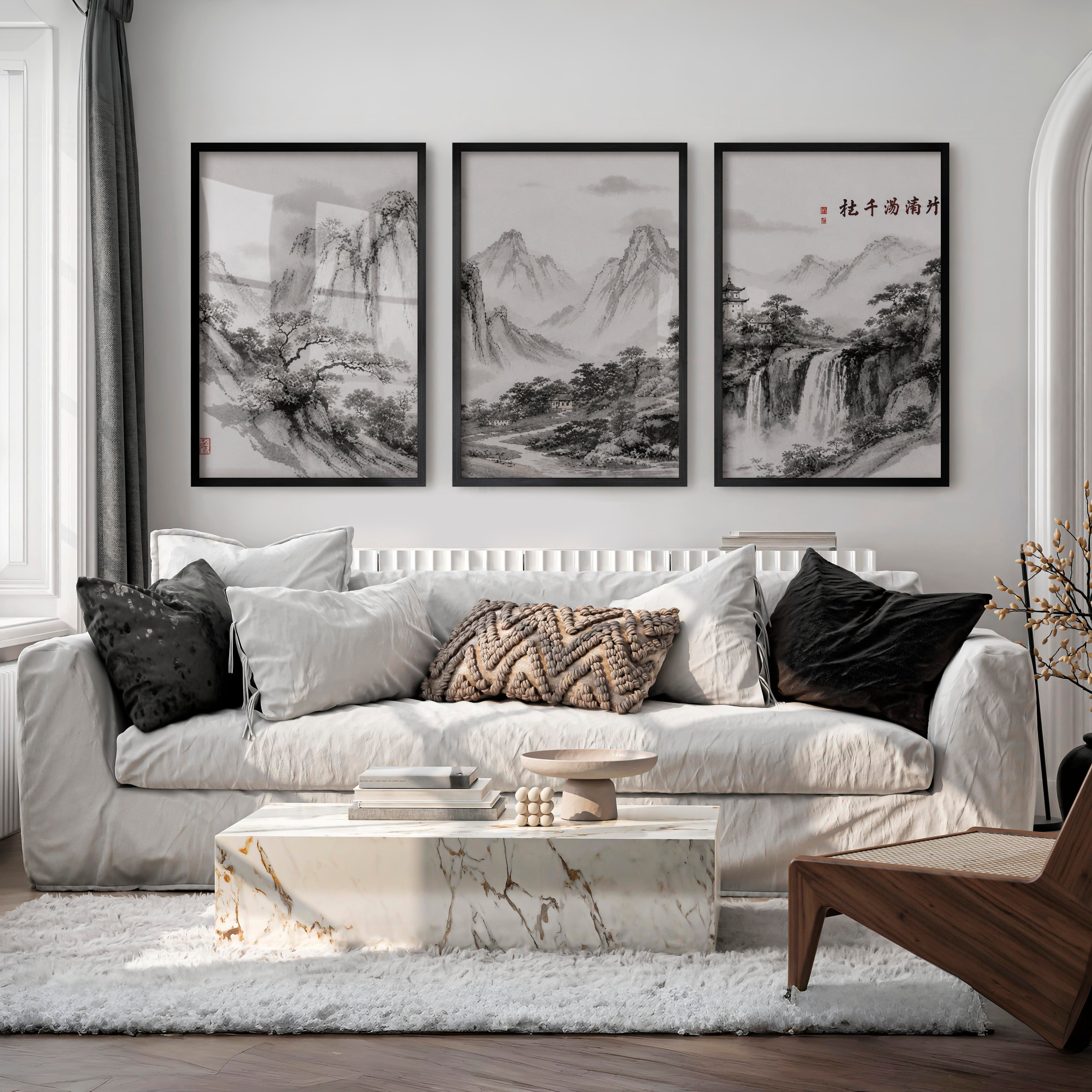 Mountain Waterfall in japanese and scandinavian design - Black Framed Poster No Border - Artworksets