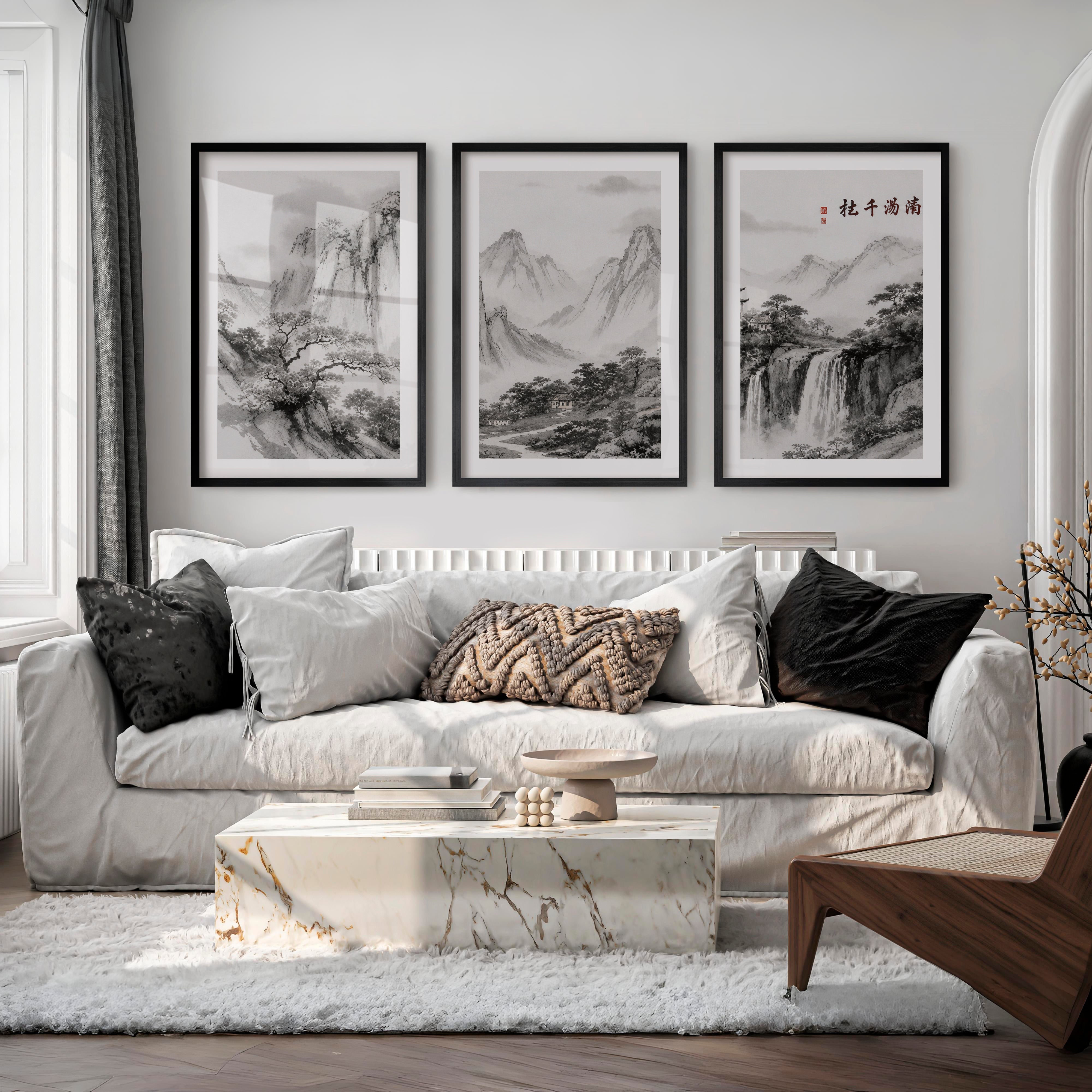 Mountain Waterfall in japanese and scandinavian design - Black Framed Poster with White Border - Artworksets