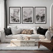 Mountain Waterfall in japanese and scandinavian design - Black Framed Poster with White Border - Artworksets