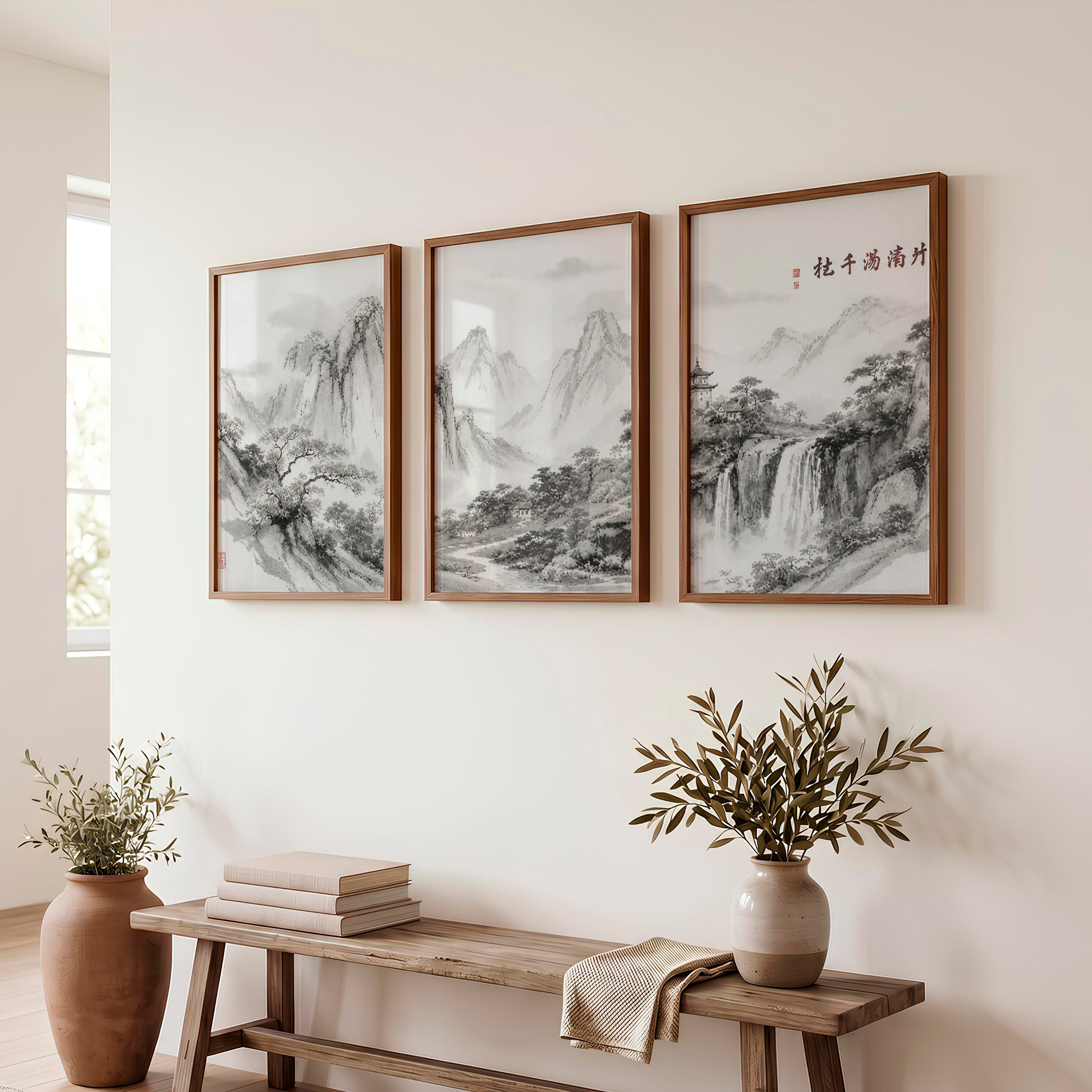 Mountain Waterfall in japanese and scandinavian design - Dark Brown Framed Poster No Border - Artworksets