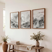 Mountain Waterfall in japanese and scandinavian design - Dark Brown Framed Poster No Border - Artworksets
