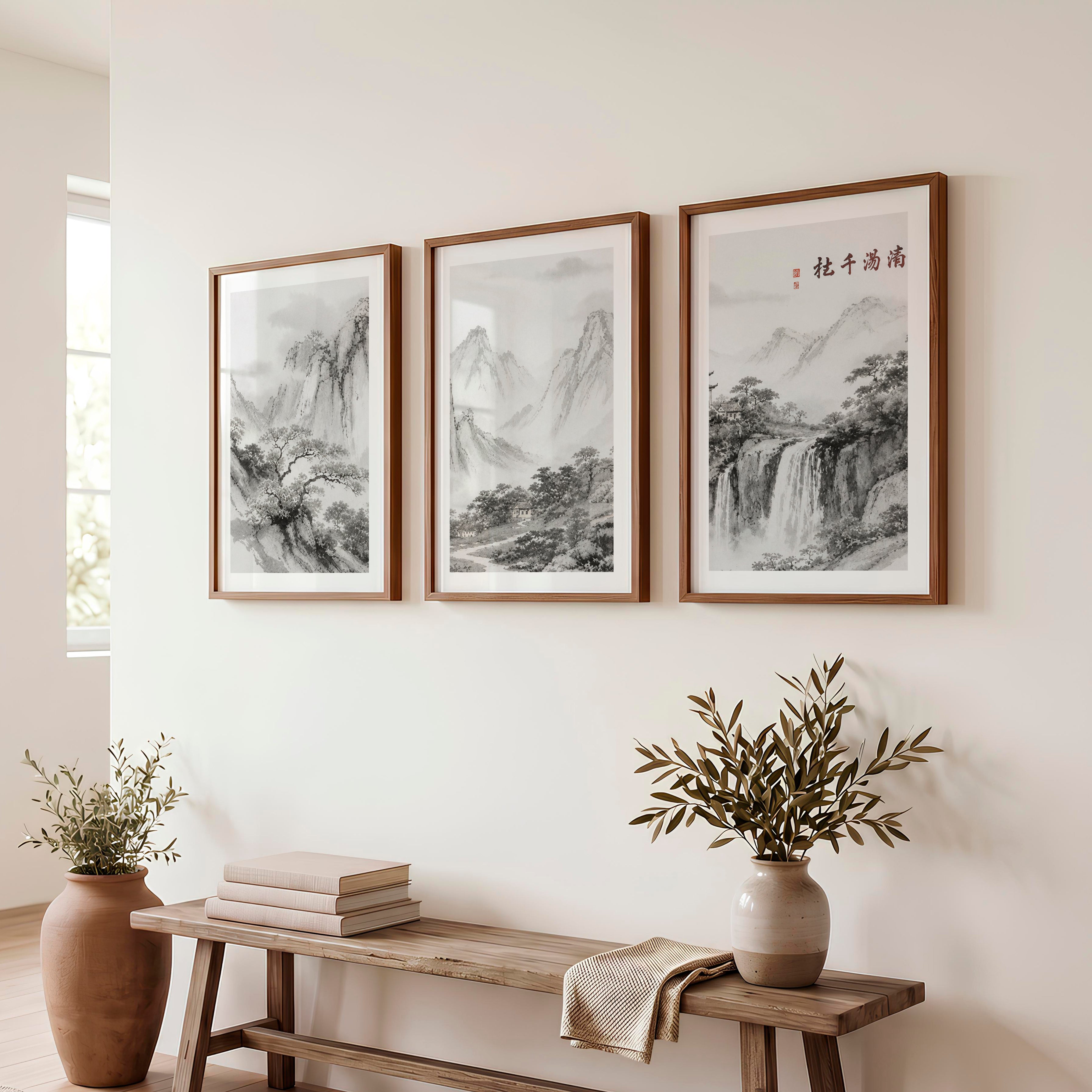 Mountain Waterfall in japanese and scandinavian design - Dark Brown Framed Poster with White Border - Artworksets