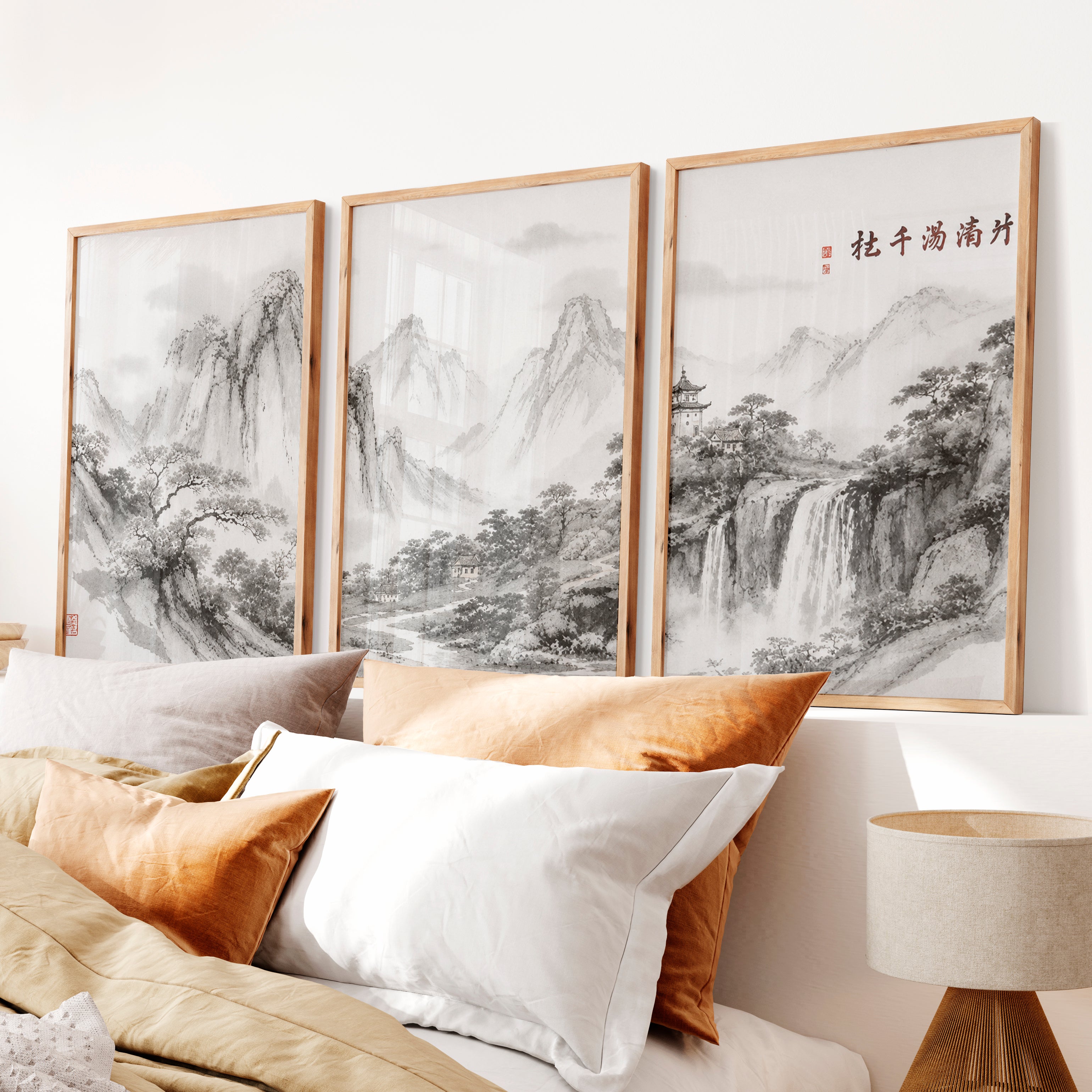 Mountain Waterfall in japanese and scandinavian design - Natural Wood Framed Poster No Border - Artworksets