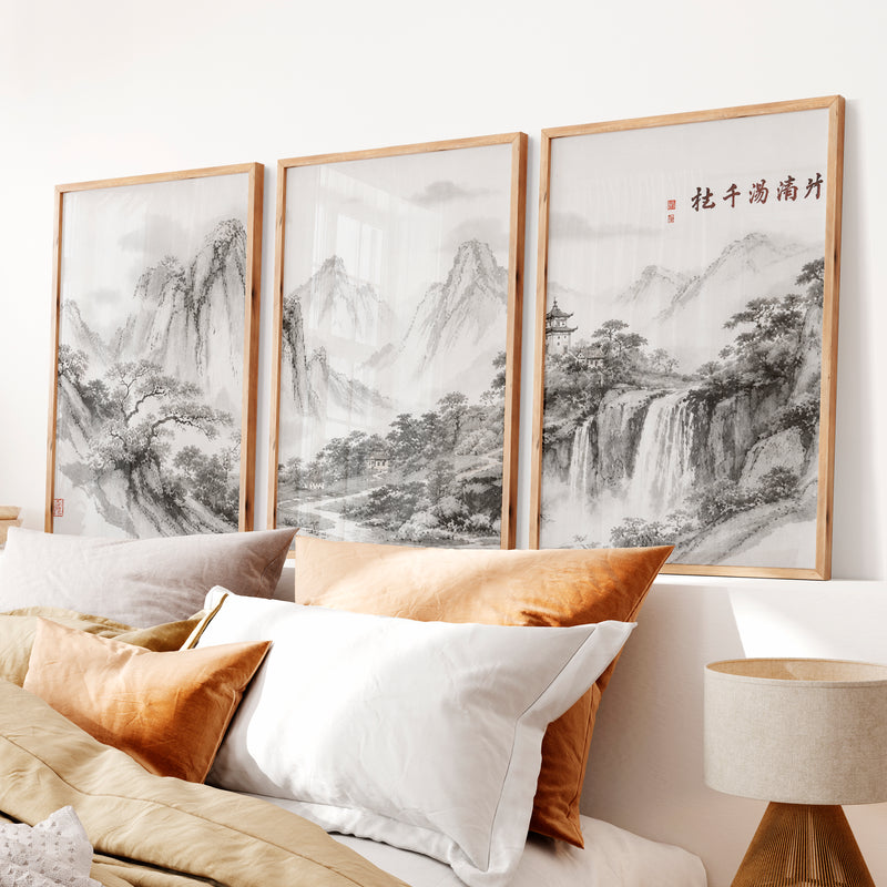 Mountain Waterfall in japanese and scandinavian design - Natural Wood Framed Poster No Border - Artworksets
