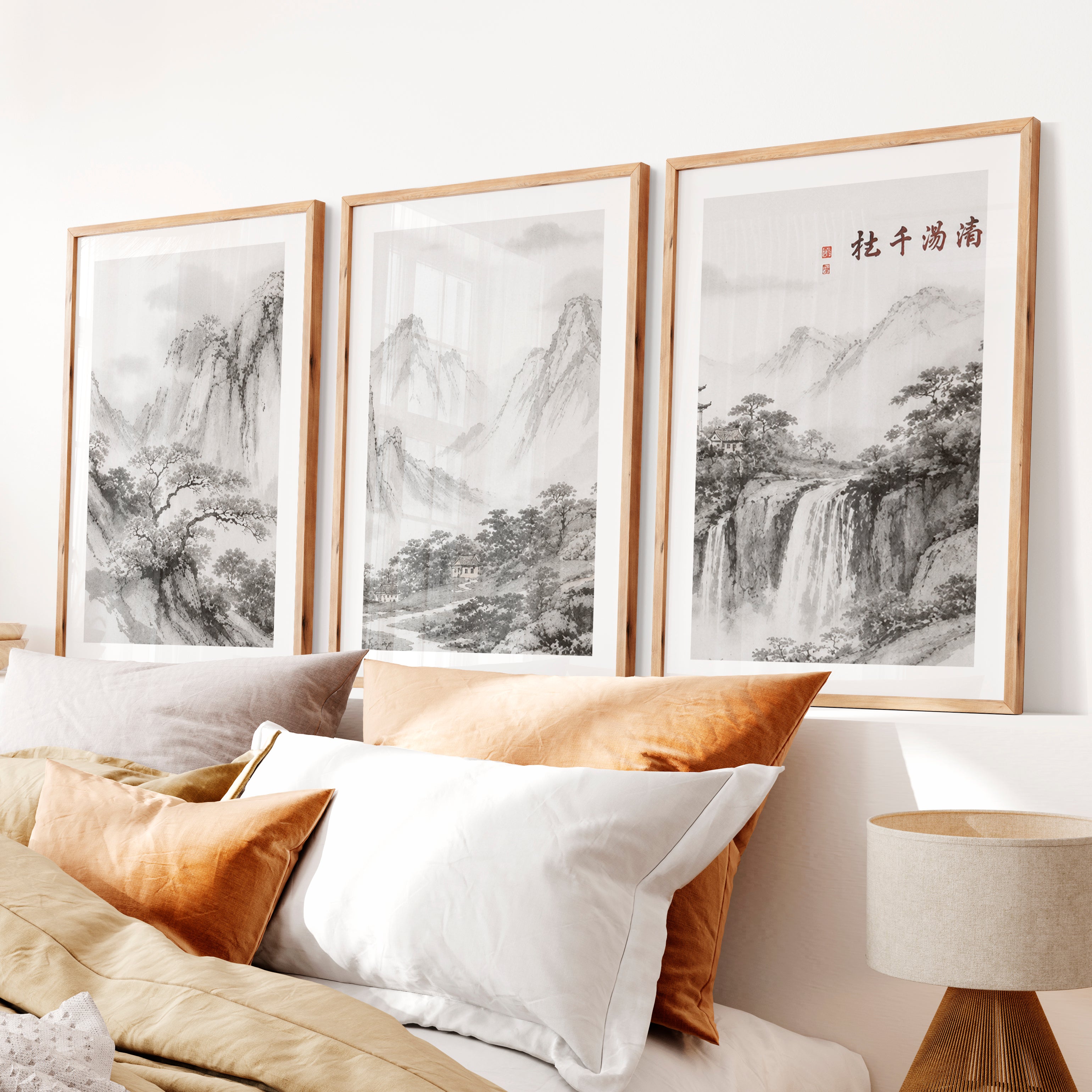 Mountain Waterfall in japanese and scandinavian design- Natural Wood Framed Poster with White Border - Artworksets