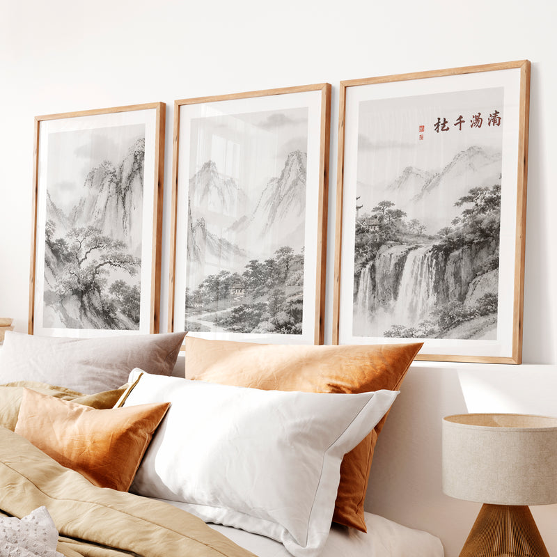 Mountain Waterfall in japanese and scandinavian design- Natural Wood Framed Poster with White Border - Artworksets