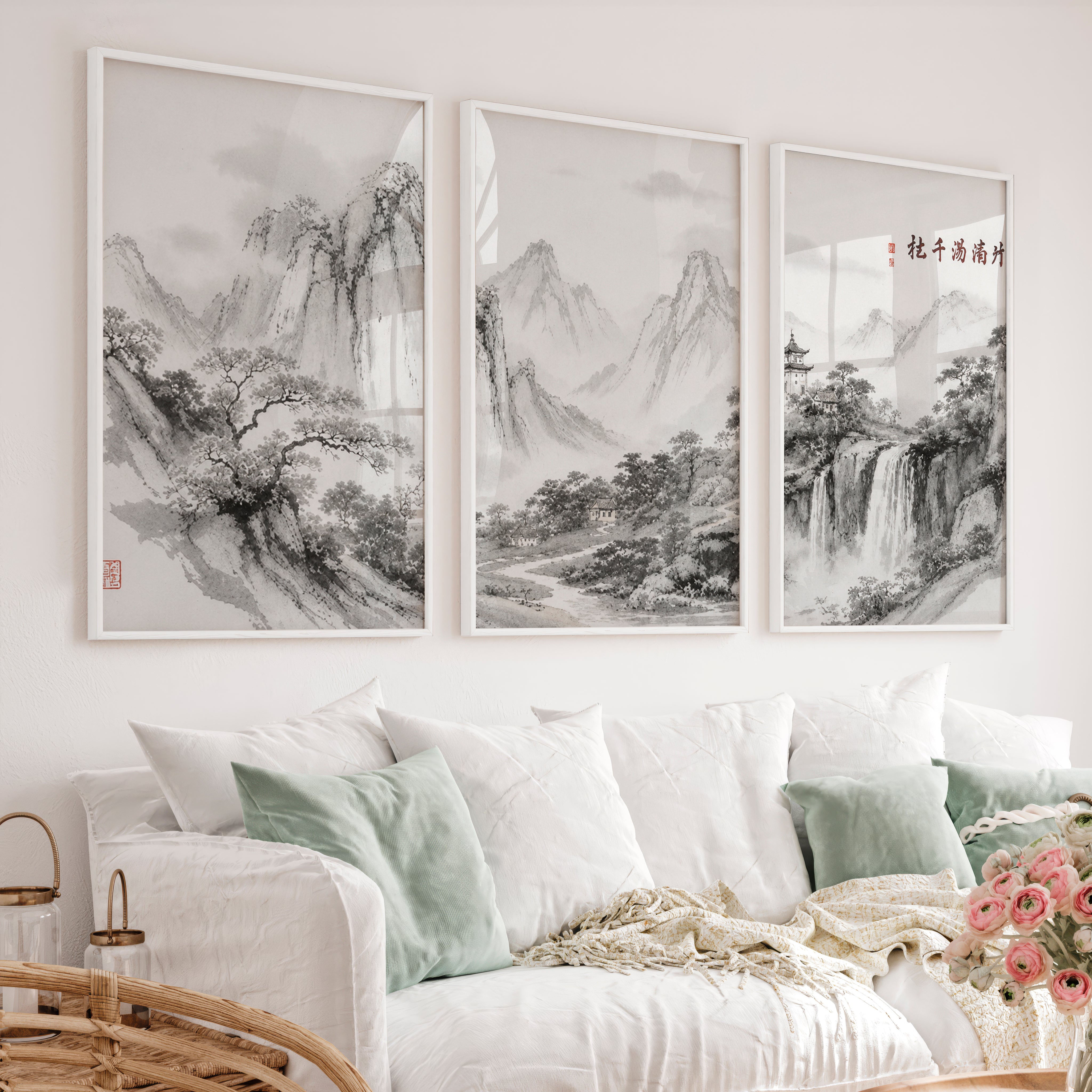 Mountain Waterfall in japanese and scandinavian design - White Framed Poster No Border - Artworksets