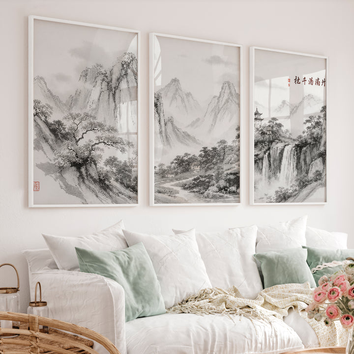 Mountain Waterfall in japanese and scandinavian design - White Framed Poster No Border - Artworksets