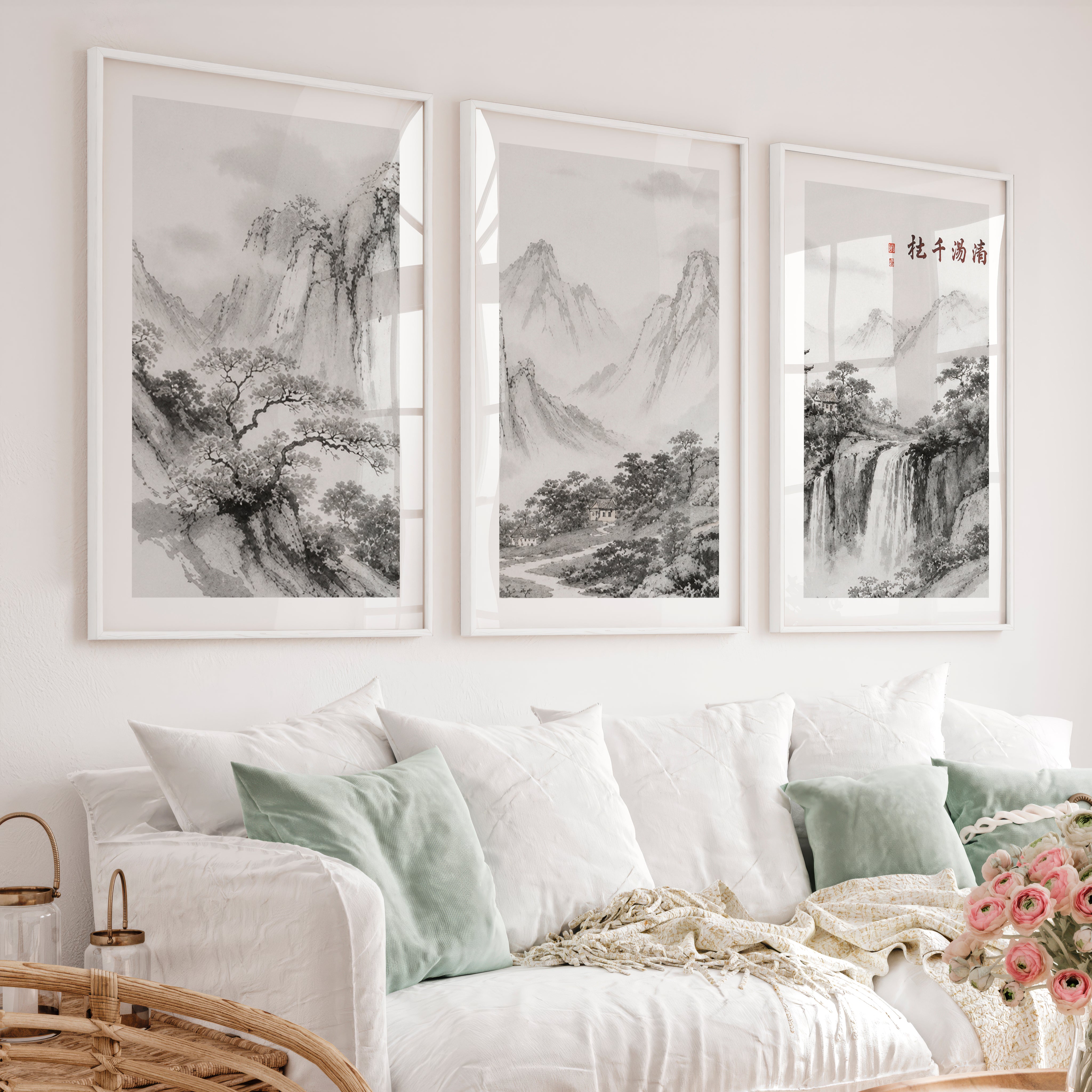 Mountain Waterfall in japanese and scandinavian design - White Framed Poster with White Border - Artworksets