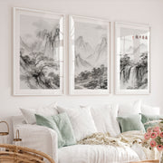 Mountain Waterfall in japanese and scandinavian design - White Framed Poster with White Border - Artworksets
