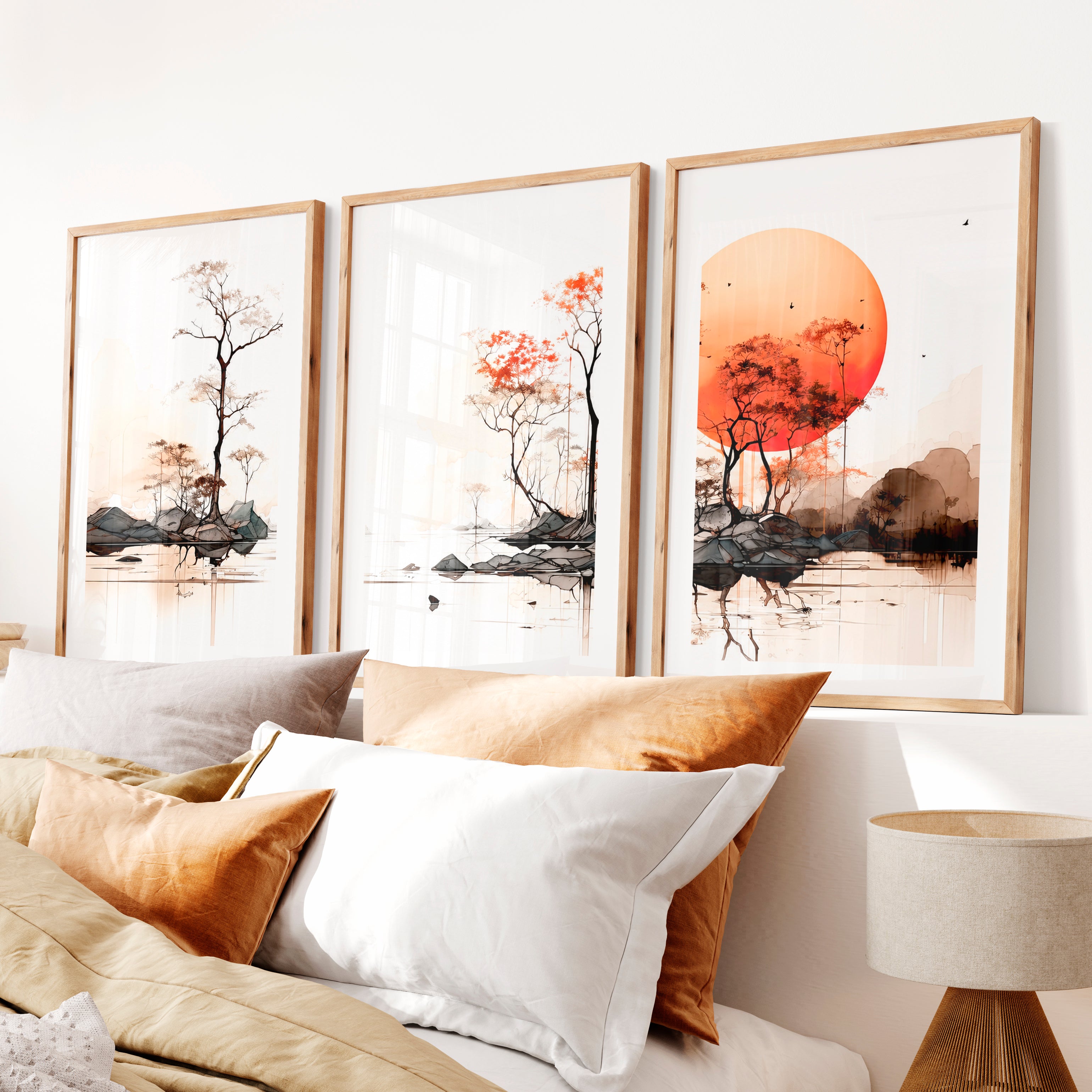 Japanese Art Featuring Birds with Wisteria Blossoms- Natural Wood Framed Poster with White Border - Artworksets