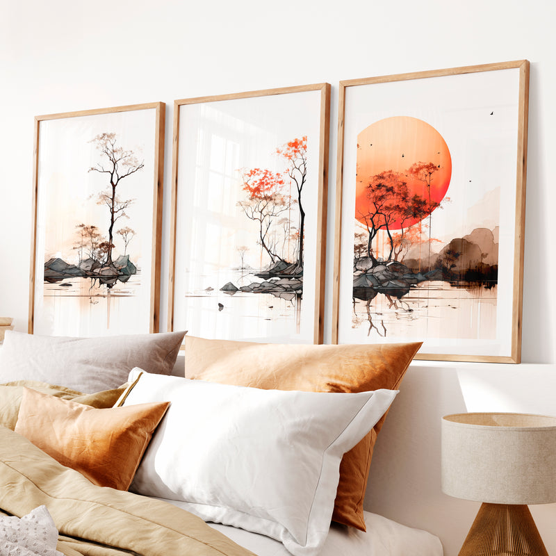 Japanese Art Featuring Birds with Wisteria Blossoms- Natural Wood Framed Poster with White Border - Artworksets