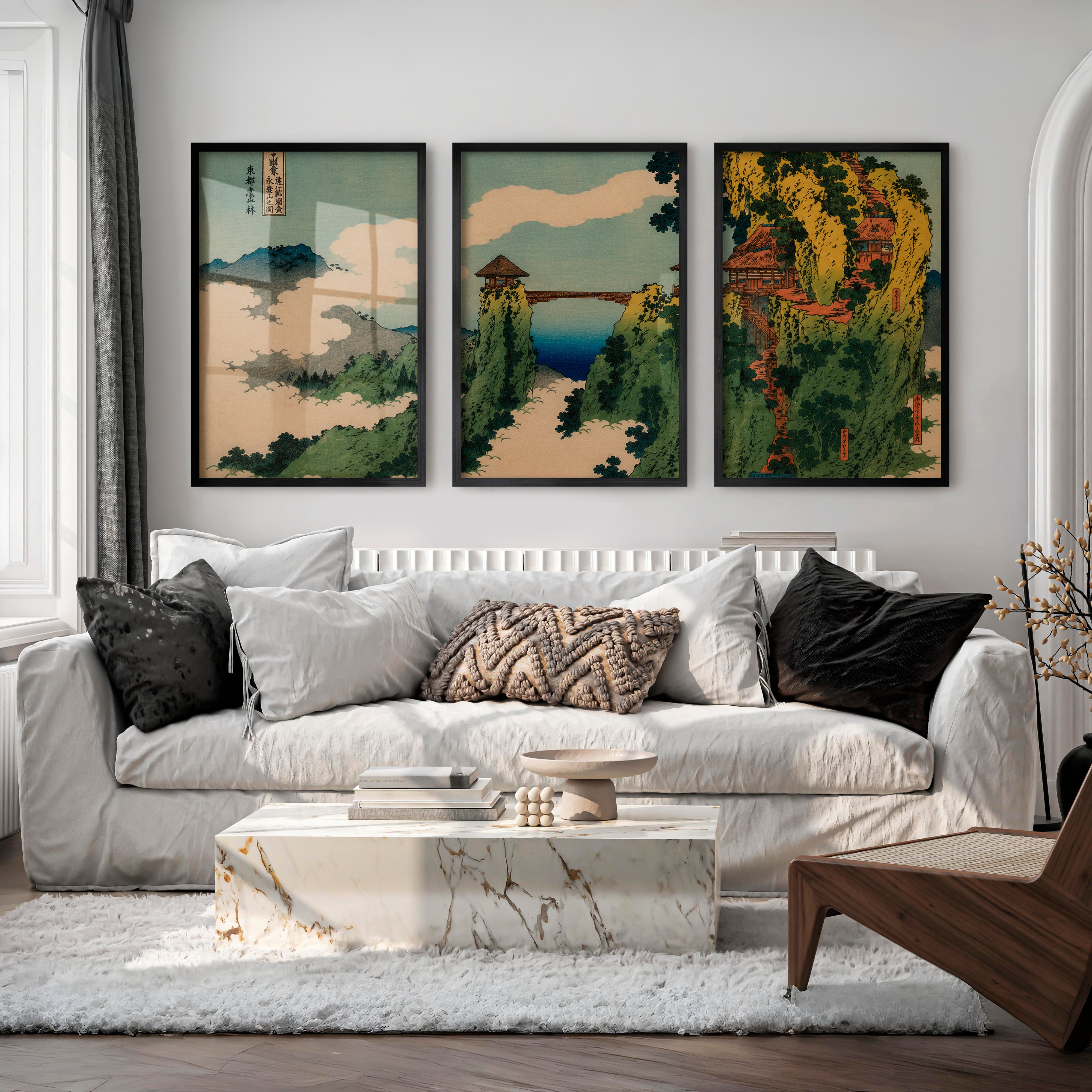 Japanese Art Featuring Black Butterfly and Ink Wash Abstraction - Black Framed Poster No Border - Artworksets