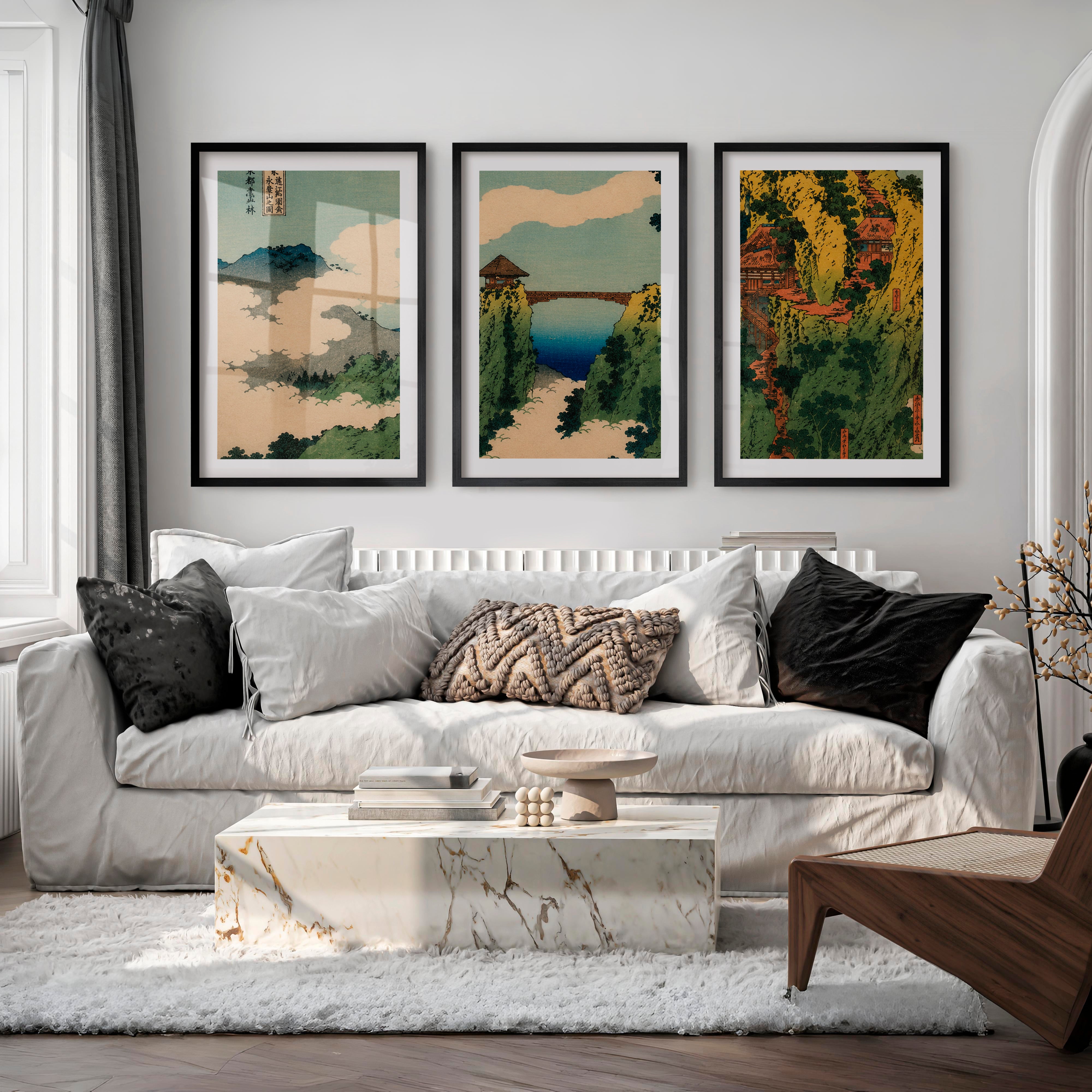 Japanese Art Featuring Black Butterfly and Ink Wash Abstraction - Black Framed Poster with White Border - Artworksets