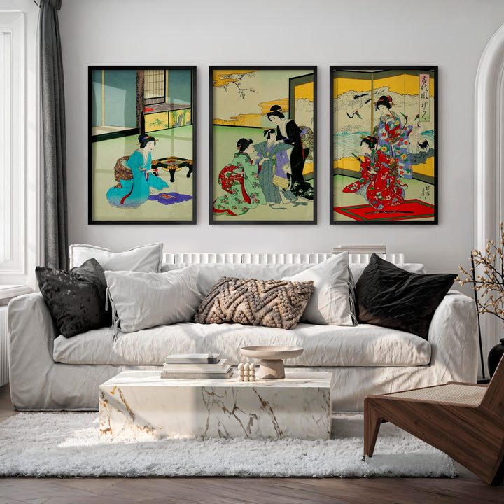 Japanese Art Deco Tree Branches Triptych - Black Framed Poster No Border - Artworksets