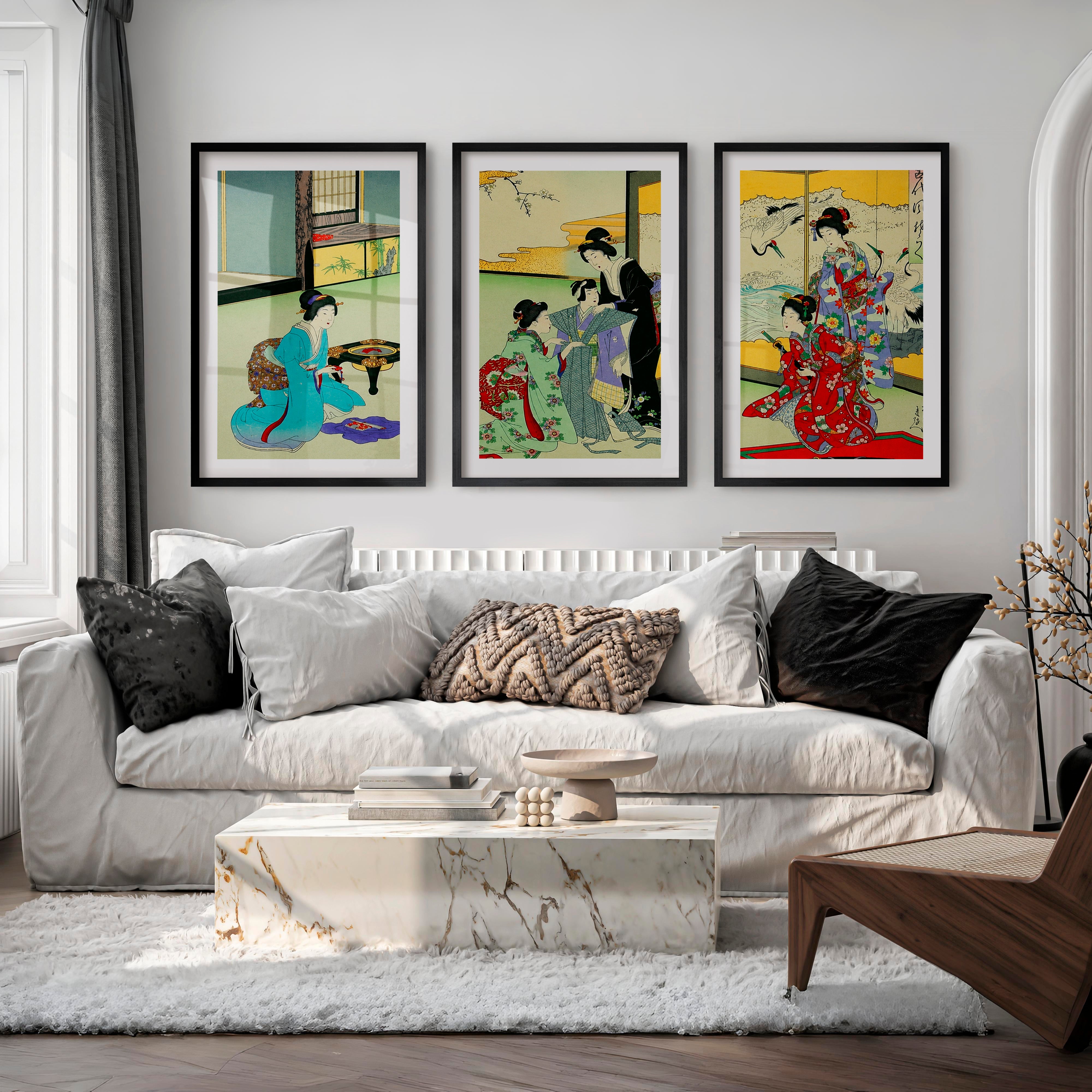 Japanese Art Deco Tree Branches Triptych - Black Framed Poster with White Border - Artworksets