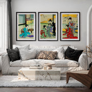 Japanese Art Deco Tree Branches Triptych - Black Framed Poster with White Border - Artworksets