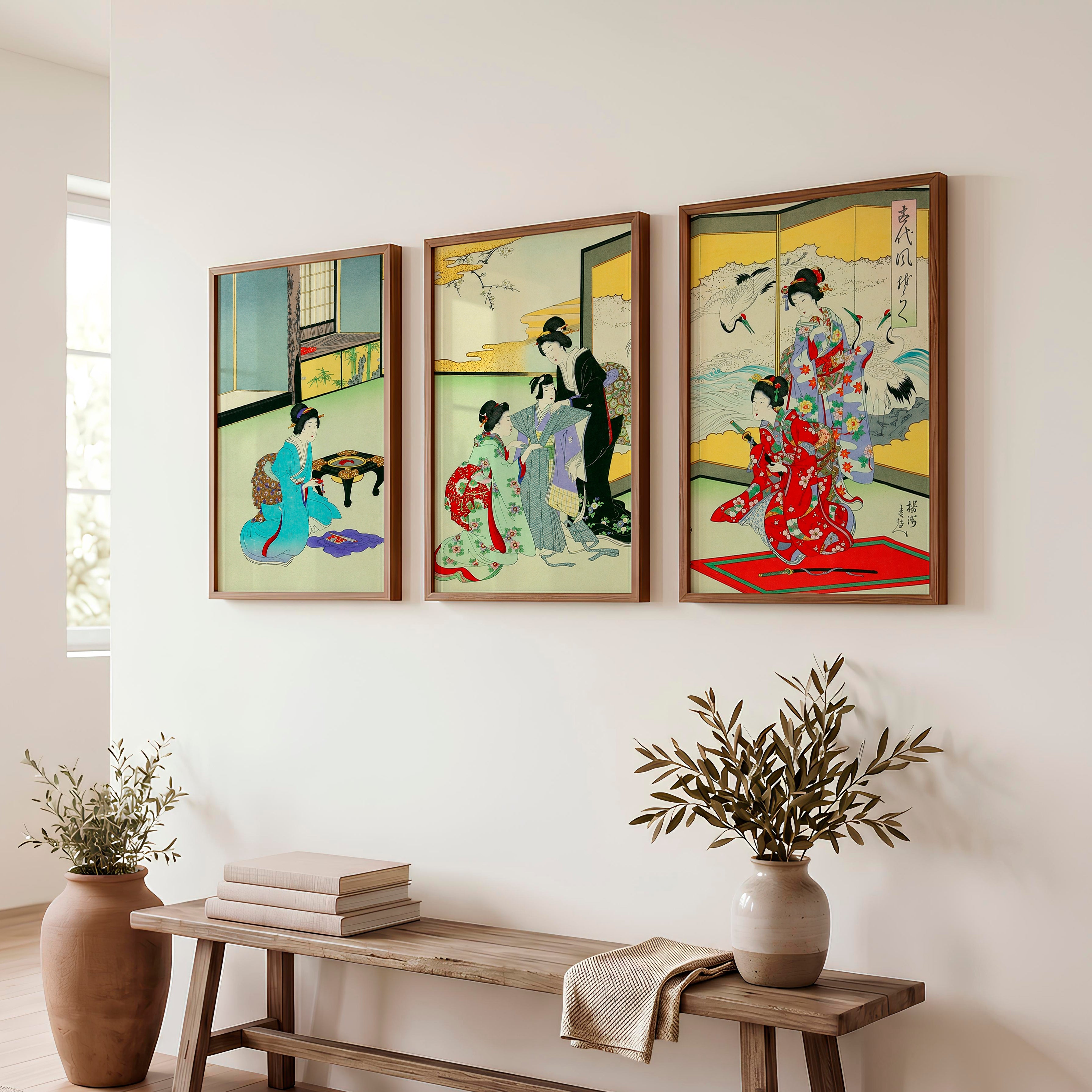 Japanese Art Deco Tree Branches Triptych - Dark Brown Framed Poster No Border - Artworksets