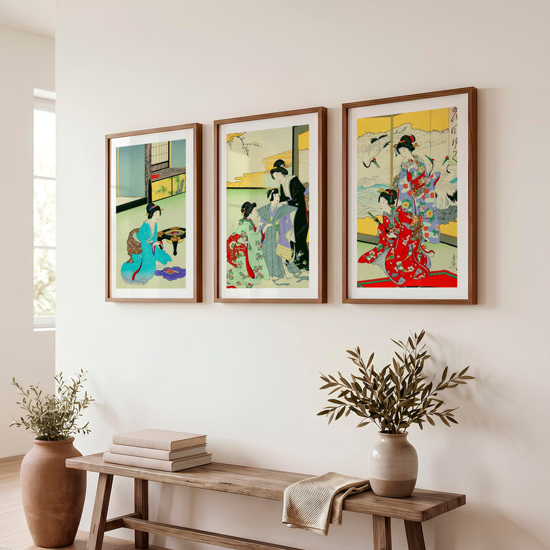 Japanese Art Deco Tree Branches Triptych - Dark Brown Framed Poster with White Border - Artworksets
