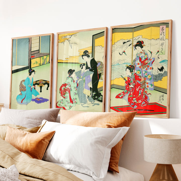 Japanese Art Deco Tree Branches Triptych - Natural Wood Framed Poster No Border - Artworksets
