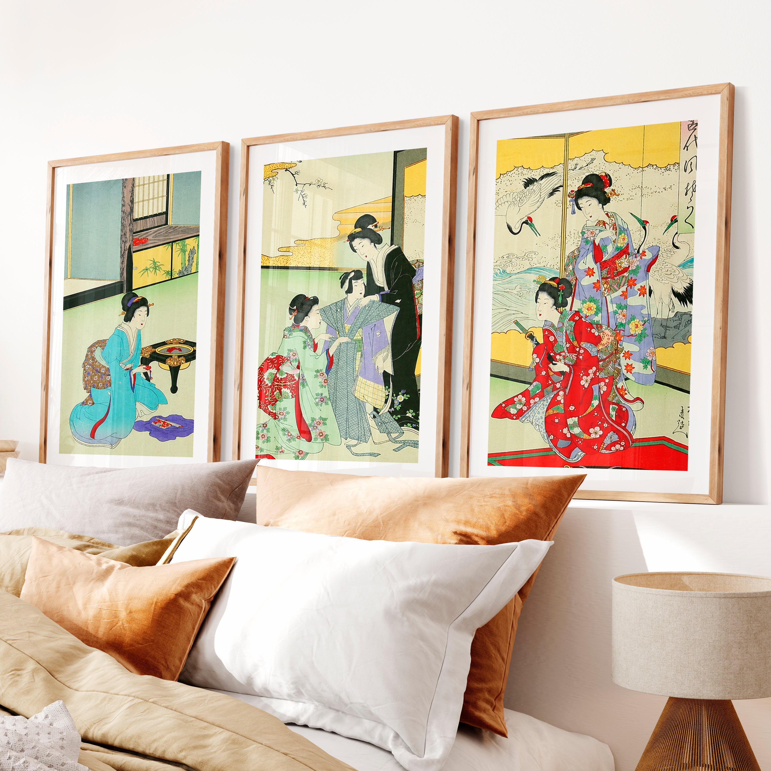 Japanese Art Deco Tree Branches Triptych- Natural Wood Framed Poster with White Border - Artworksets