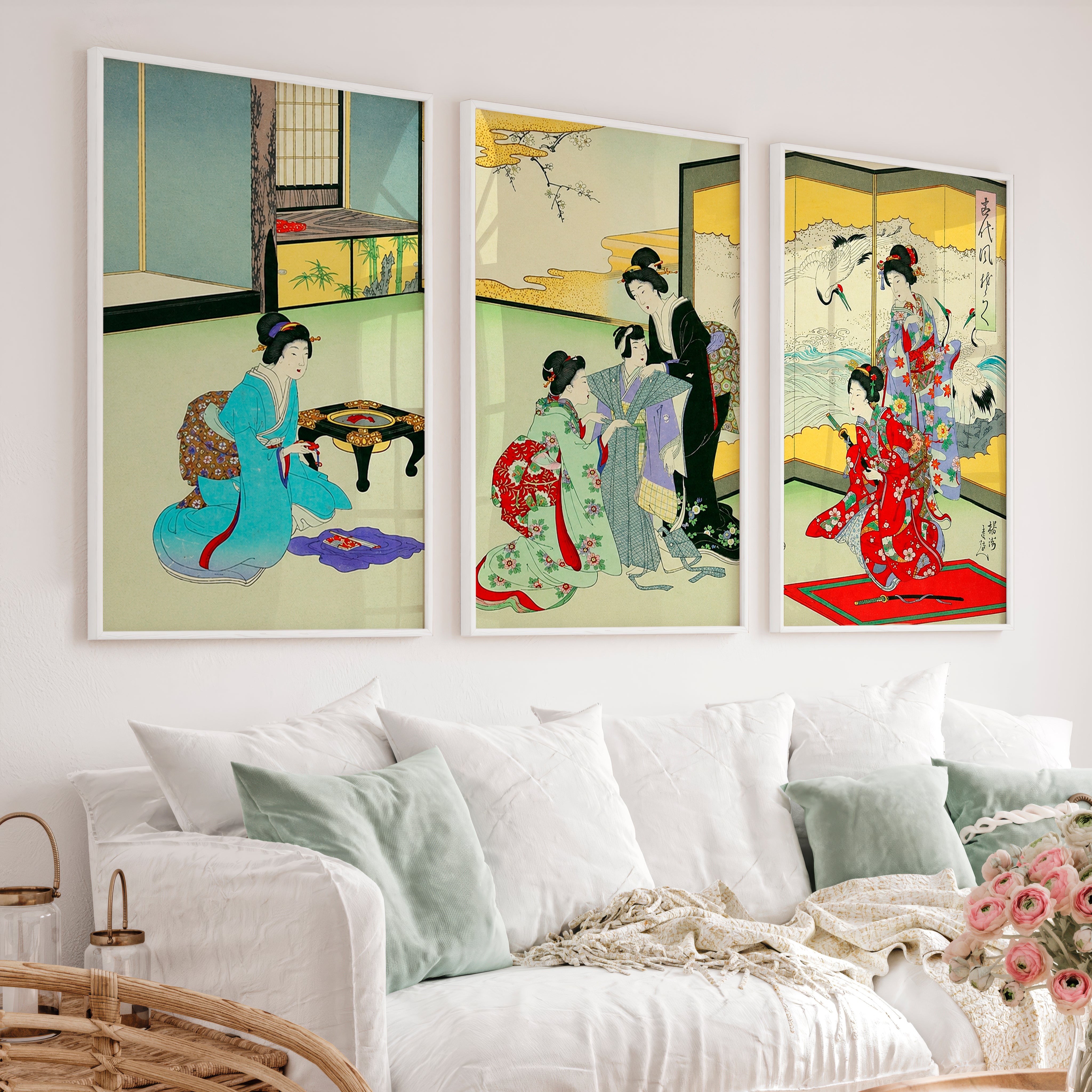 Japanese Art Deco Tree Branches Triptych - White Framed Poster No Border - Artworksets