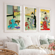 Japanese Art Deco Tree Branches Triptych - White Framed Poster with White Border - Artworksets