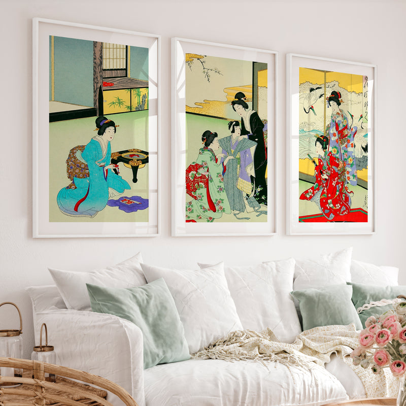 Japanese Art Deco Tree Branches Triptych - White Framed Poster with White Border - Artworksets