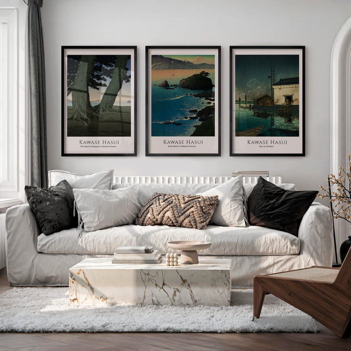Kawase Hasui japanese art decor with Coast and Rain Prints - Black Framed Poster No Border - Artworksets