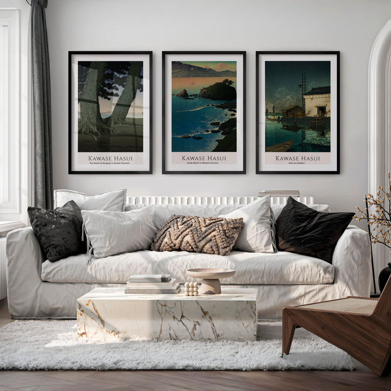 Kawase Hasui japanese art decor with Coast and Rain Prints - Black Framed Poster with White Border - Artworksets