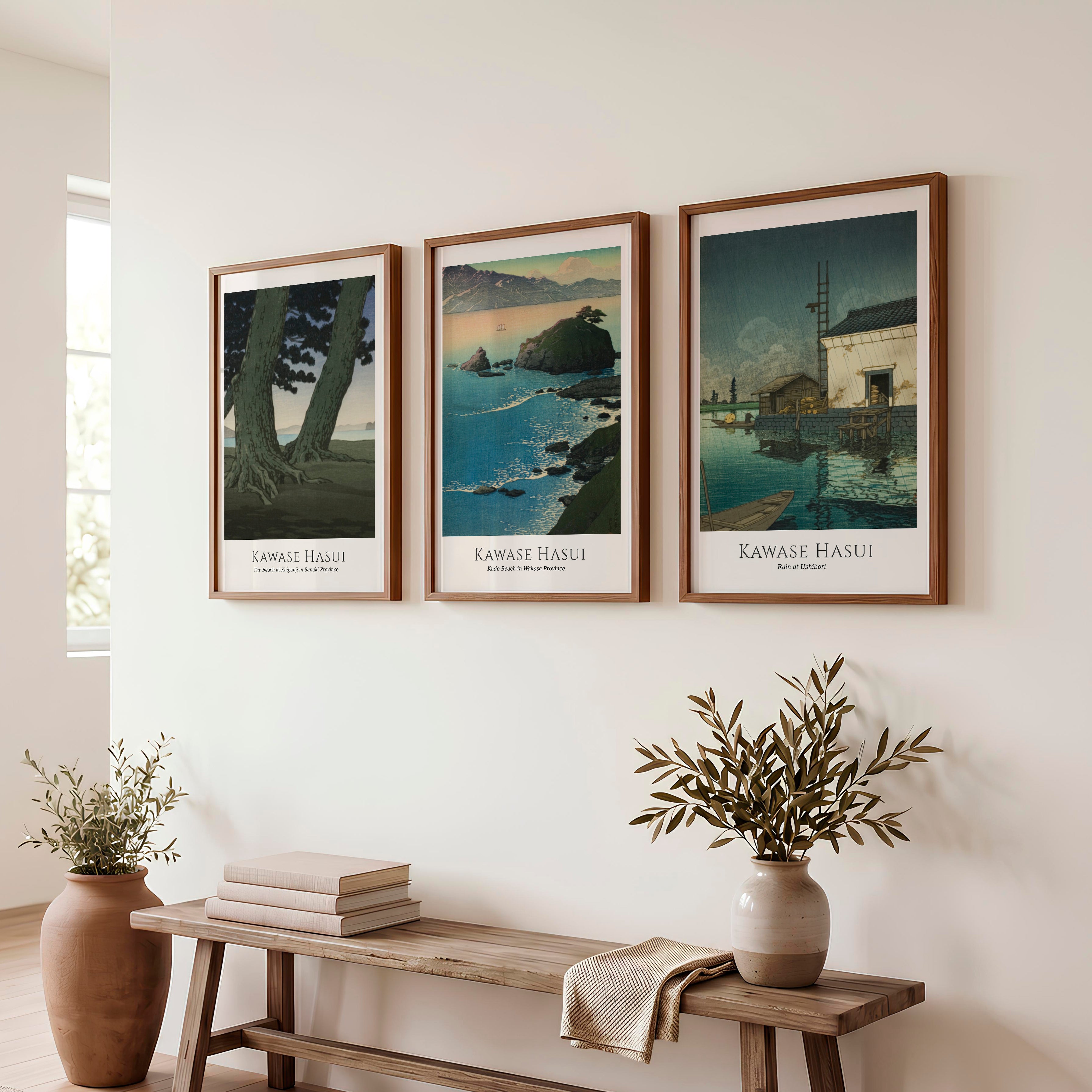 Kawase Hasui japanese art decor with Coast and Rain Prints - Dark Brown Framed Poster No Border - Artworksets