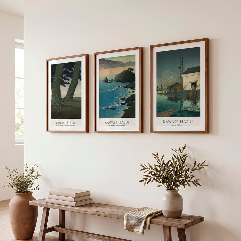 Kawase Hasui japanese art decor with Coast and Rain Prints - Dark Brown Framed Poster with White Border - Artworksets