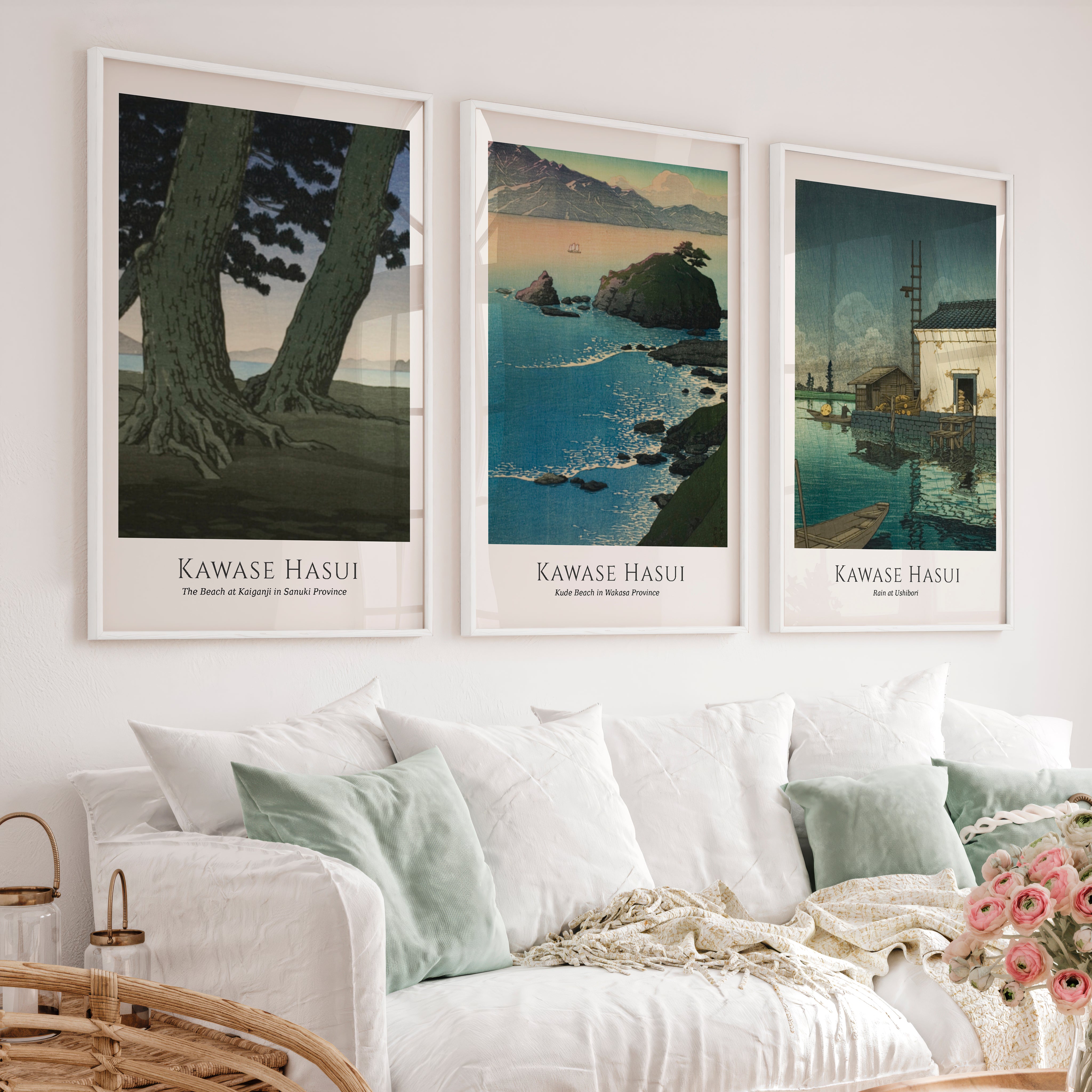 Kawase Hasui japanese art decor with Coast and Rain Prints - White Framed Poster No Border - Artworksets