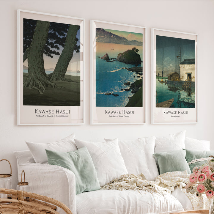 Kawase Hasui japanese art decor with Coast and Rain Prints - White Framed Poster No Border - Artworksets