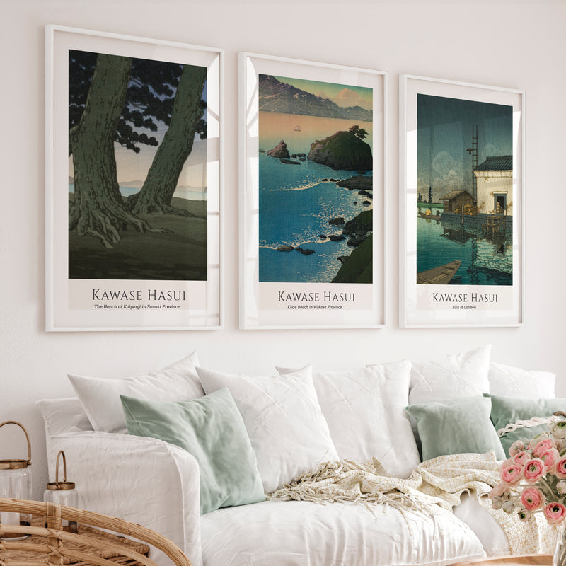 Kawase Hasui japanese art decor with Coast and Rain Prints - White Framed Poster with White Border - Artworksets