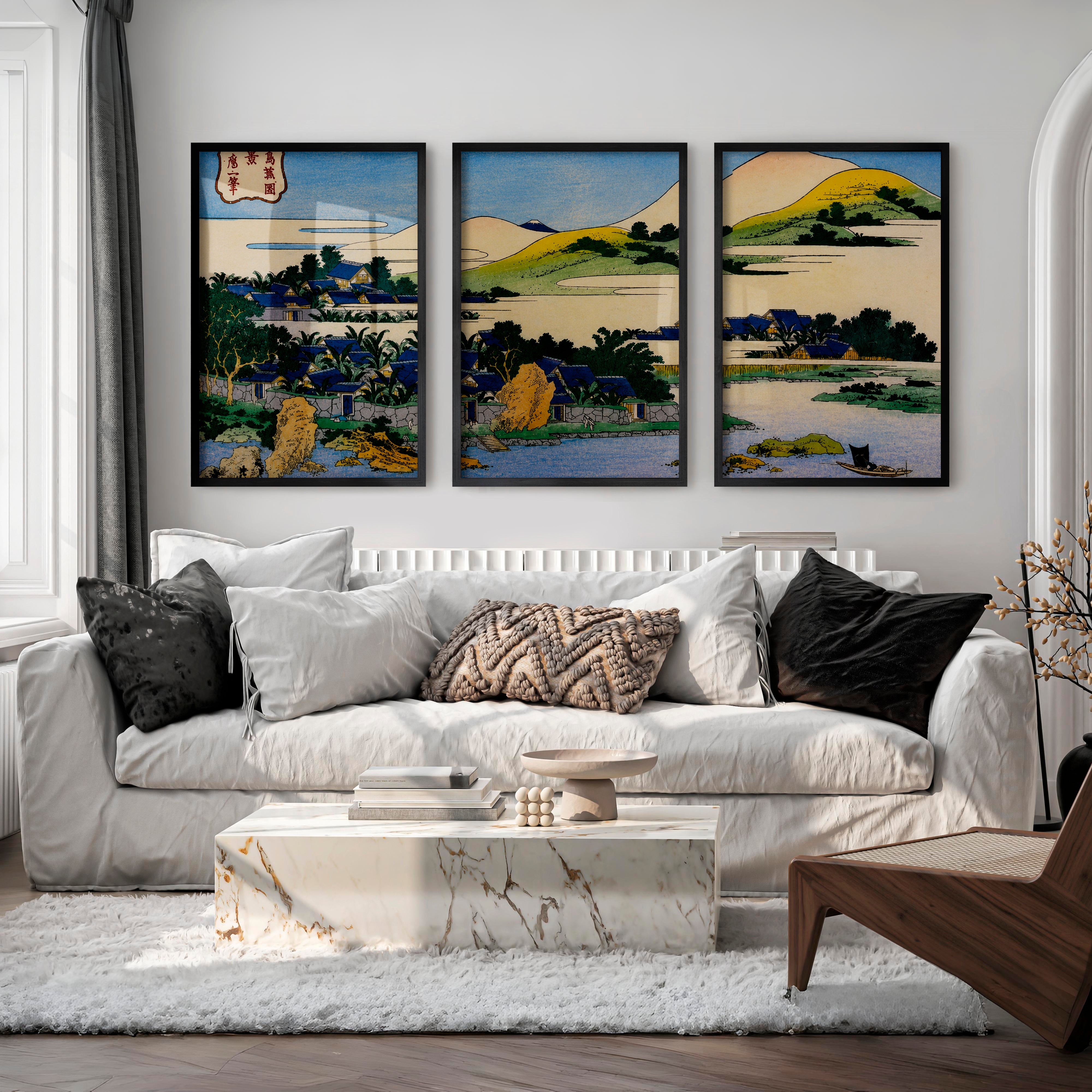 Japanese Art Decor Featuring Pine and Cherry Blossom Landscape - Black Framed Poster No Border - Artworksets