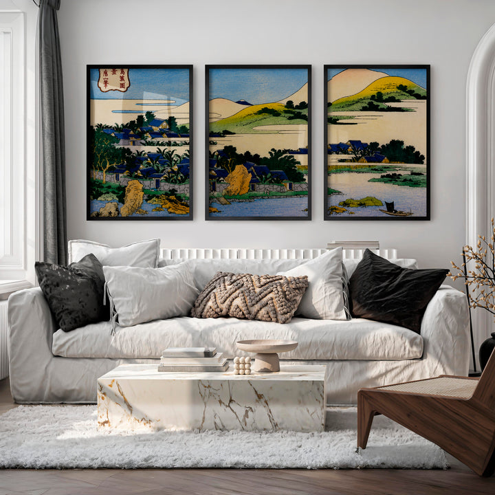 Japanese Art Decor Featuring Pine and Cherry Blossom Landscape - Black Framed Poster No Border - Artworksets