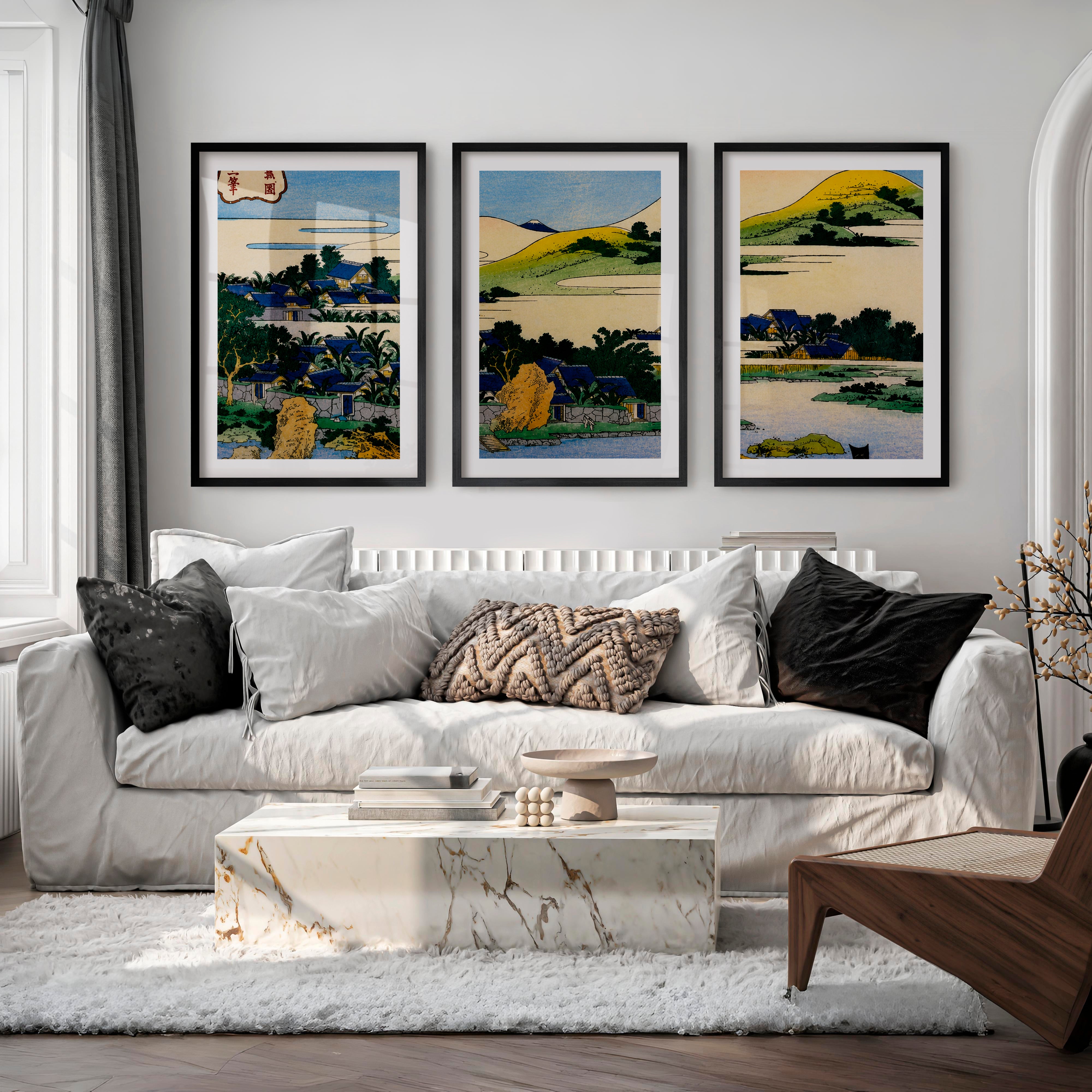 Japanese Art Decor Featuring Pine and Cherry Blossom Landscape - Black Framed Poster with White Border - Artworksets