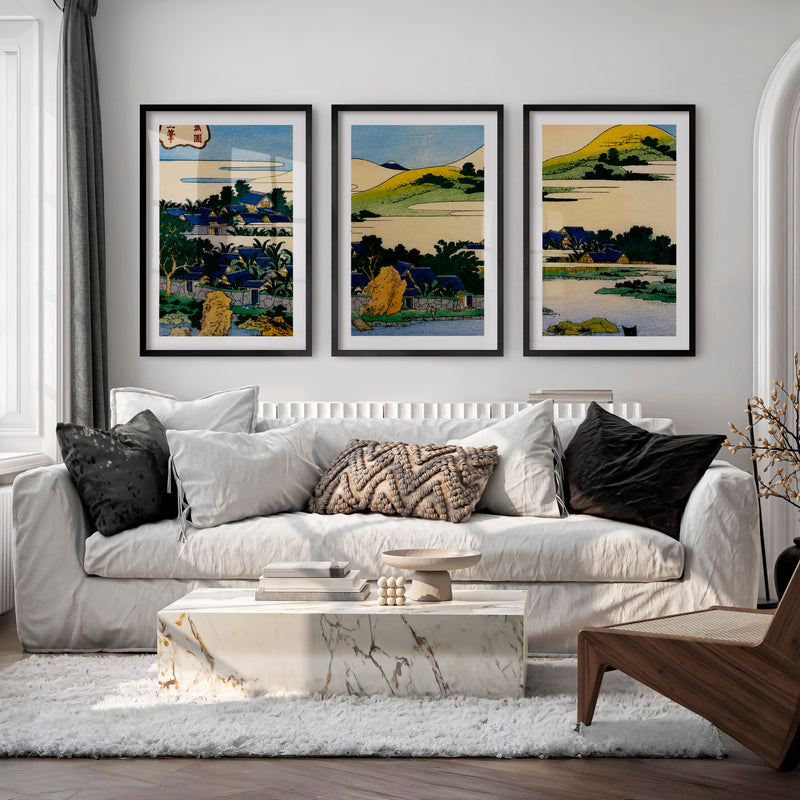 Japanese Art Decor Featuring Pine and Cherry Blossom Landscape - Black Framed Poster with White Border - Artworksets