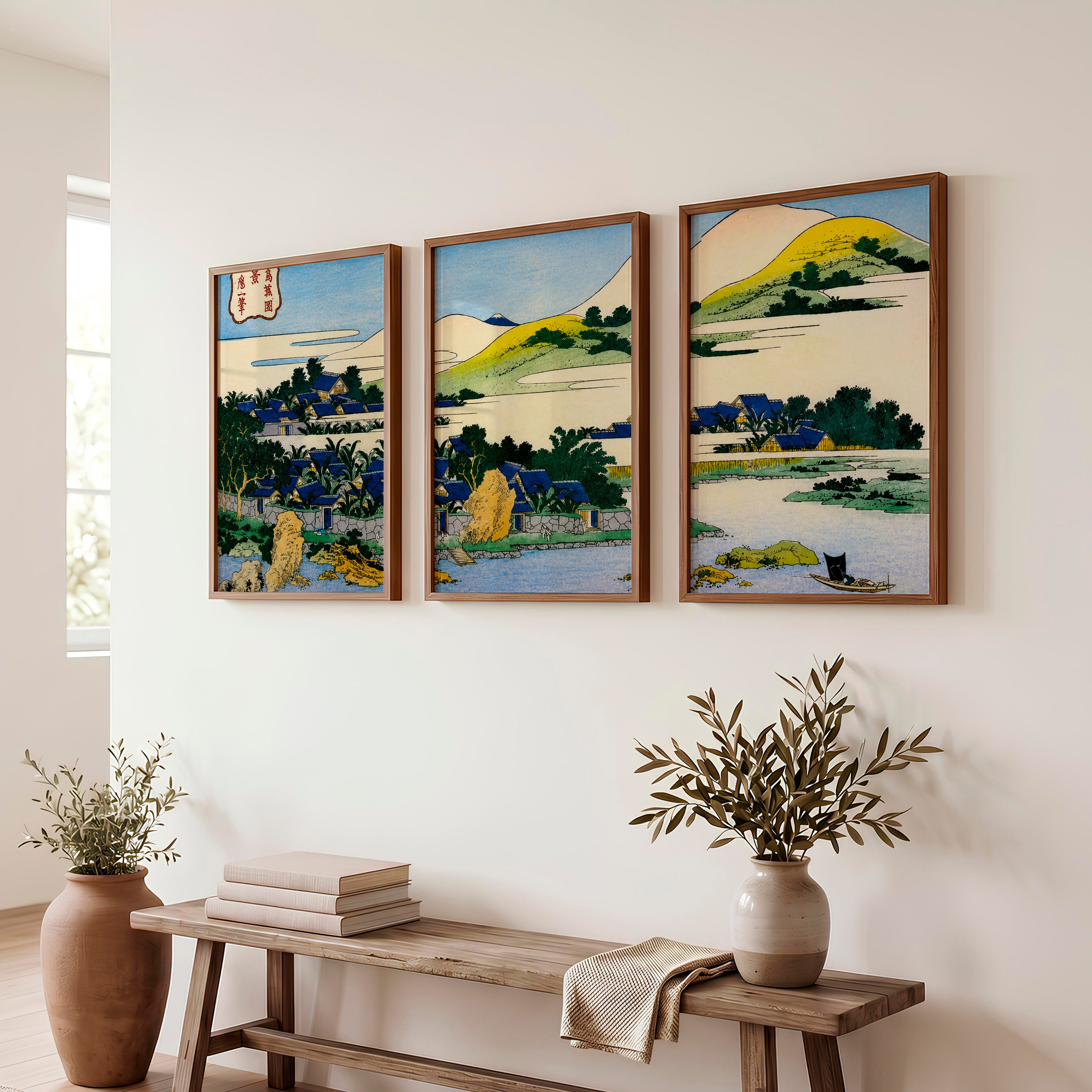 Japanese Art Decor Featuring Pine and Cherry Blossom Landscape - Dark Brown Framed Poster No Border - Artworksets