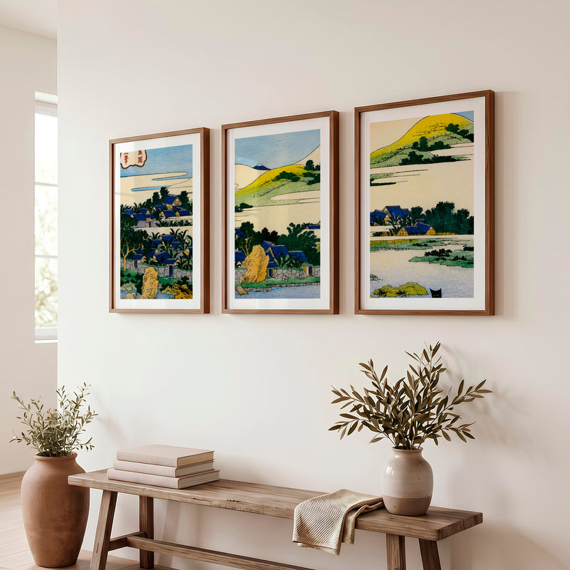 Japanese Art Decor Featuring Pine and Cherry Blossom Landscape - Dark Brown Framed Poster with White Border - Artworksets