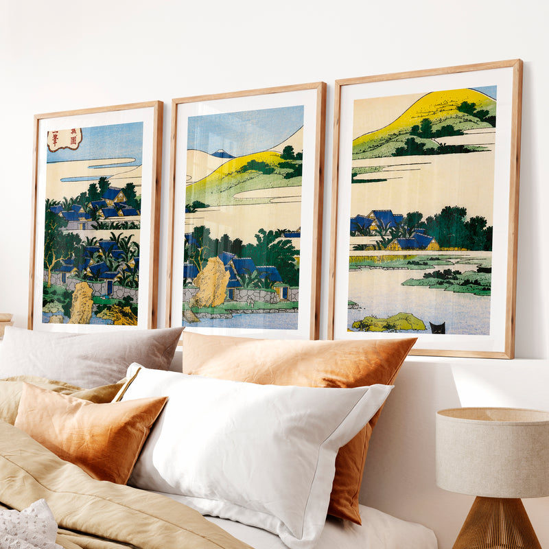 Japanese Art Decor Featuring Pine and Cherry Blossom Landscape- Natural Wood Framed Poster with White Border - Artworksets